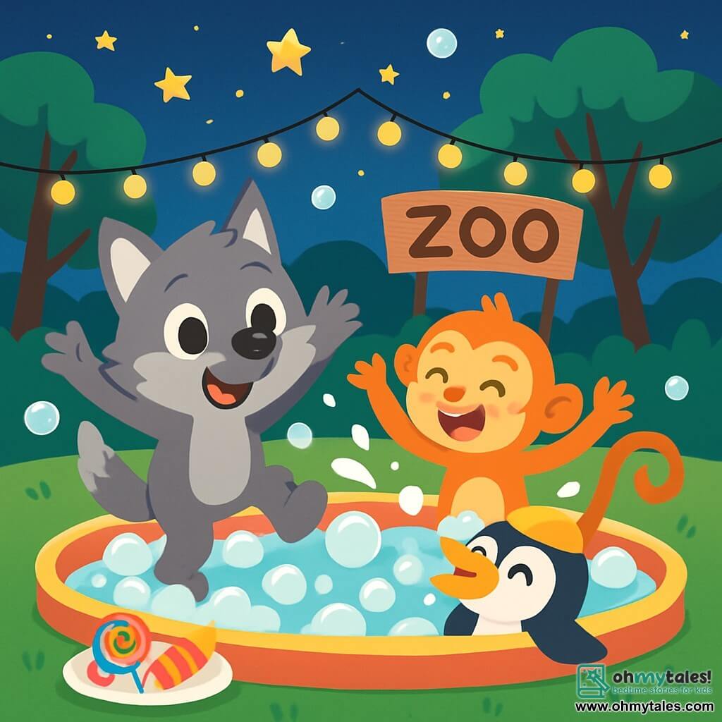 A small gray wolf with big round eyes and a joyful smile is jumping in a bubble pool, its front paws raised enthusiastically. Next to it, a little orange monkey named Squeaky, with a curled tail and sparkling eyes, splashes water while laughing. In the water, a penguin named Pete, wearing a small yellow swim cap, is blowing bubbles with his beak while laughing. The setting is a starry night in a zoo, with lush trees around and twinkling lights illuminating the scene. The pool is filled with white, shiny bubbles floating in the air, creating a magical and joyful atmosphere. The main scene shows the wolf, Squeaky, and Pete having fun together at a bubble party, splashing and laughing, surrounded by floating bubbles and colorful snacks as they celebrate their friendship.