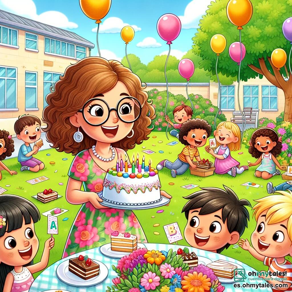 La escena muestra a una maestra, la señorita Clara, una mujer sonriente de unos treinta años, con cabello rizado y castaño y gafas redondas. Lleva un vestido colorido y sostiene un plato de pasteles mientras ríe con sus alumnos. A su lado está Tomás, un niño de 8 años con cabello rubio desordenado y una camisa a rayas, que sostiene una tarjeta con la letra "A" exclamando de alegría. Ana, una niña de 7 años con cabello largo y negro, lleva un vestido rosa y sonríe mostrando una tarjeta con la letra "B". Está sentada en la hierba, rodeada de sus compañeros. La escena se desarrolla en un bonito patio escolar, iluminado, con árboles verdes y flores coloridas alrededor. Globos flotan en el aire y una gran mesa está llena de pasteles y bebidas. La situación principal muestra a la maestra Clara y sus alumnos celebrando el final del año escolar, jugando a una búsqueda de letras mientras comparten risas y pasteles, creando una atmósfera alegre y festiva.