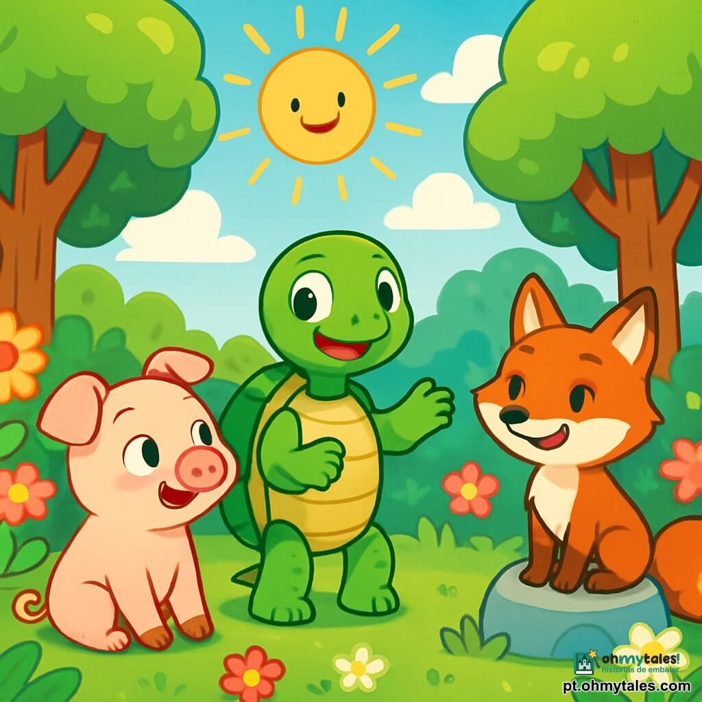 Um jardim ensolarado, cheio de flores vibrantes e grandes árvores verdes, onde a tartaruga Téo, com uma carapaça verde e olhos brilhantes de curiosidade, está no centro, parecendo um pouco envergonhada mas sorrindo, contando uma história para seus amigos. Ao lado dele, o porquinho Max, com pelagem branca e grandes orelhas caídas, ouve atentamente, com os olhos brilhando de excitação. Um pouco mais adiante, a raposa Lila, com seu pelo ruivo e olhos travessos, sorri enquanto escuta, sentada em uma pedra, pronta para compartilhar a história com seus irmãos. O céu é azul, salpicado de nuvens brancas fofas, e os raios de sol iluminam a cena, criando uma atmosfera alegre e amigável. Téo, um pouco hesitante, explica a seus amigos que sua tartaruga mágica é apenas uma invenção, enquanto Max e Lila o incentivam com sorrisos calorosos.
