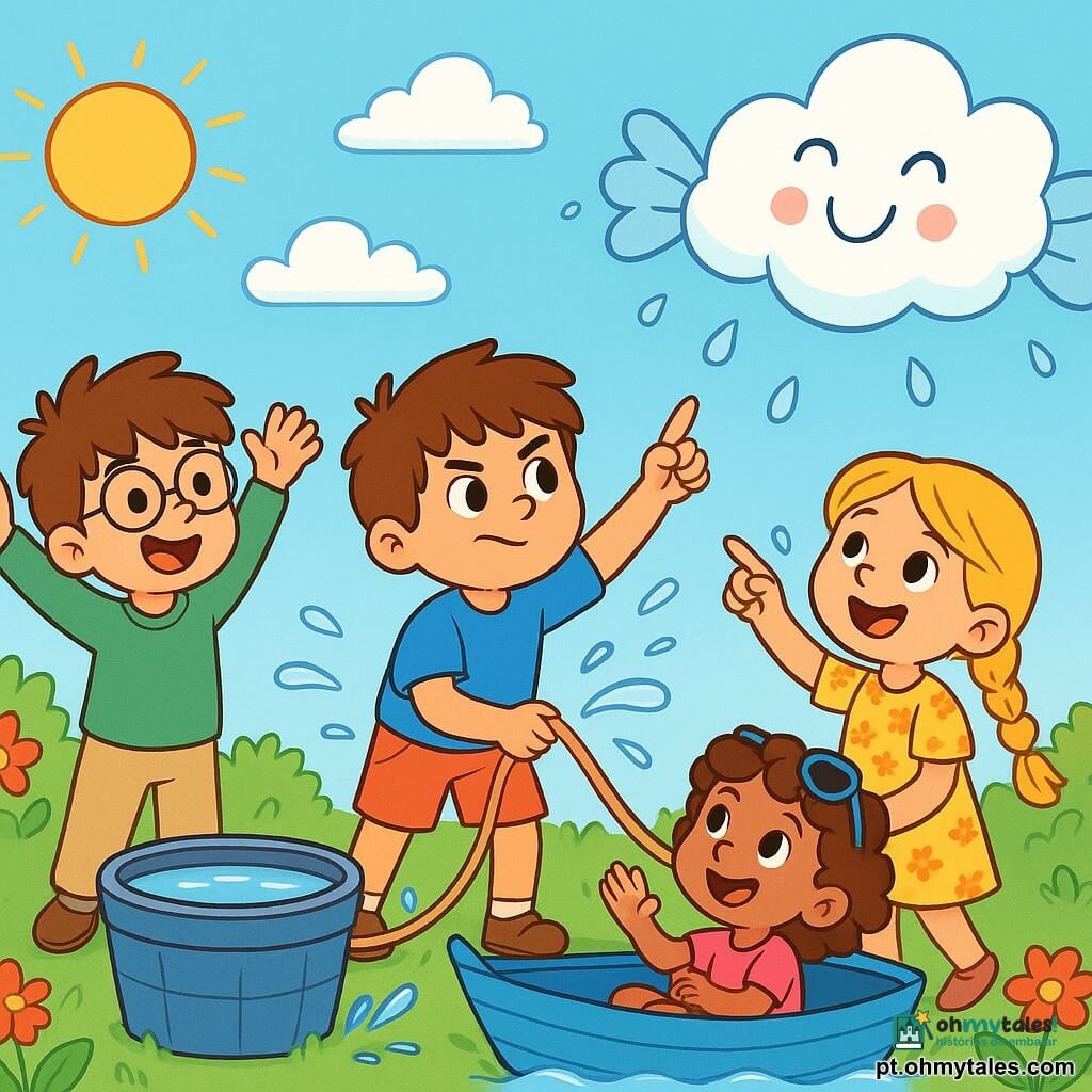 Há 4 crianças: - Tomás: um menino de 7 anos, com cabelos castanhos bagunçados e olhos brilhantes. Ele usa uma camiseta azul e um short vermelho, está no centro segurando uma corda com um olhar determinado. - Lia: uma menina de 6 anos, com longos cabelos loiros trançados e um sorriso radiante. Ela usa um vestido florido e está à direita de Tomás, apontando para o céu. - Nico: um menino de 5 anos, com cabelos castanhos e óculos redondos. Ele usa um suéter verde e uma calça bege, está à esquerda de Tomás, rindo e levantando os braços para o alto. - Mia: uma menina de 6 anos, com cabelos cacheados e óculos de sol na cabeça. Ela usa uma camiseta rosa e um short de jeans, está sentada na barquinha, na frente, fazendo gestos de imaginação. O local é um jardim ensolarado, com uma grande poça de água da chuva que brilha como um espelho. Flores coloridas cercam a poça, e acima, um céu azul claro está salpicado de nuvens brancas e fofas. A situação principal mostra as crianças tentando amarrar sua barquinha azul a uma nuvem em forma de doce, com risadas e respingos de água ao redor, enquanto a nuvem parece se divertir com o jogo deles.