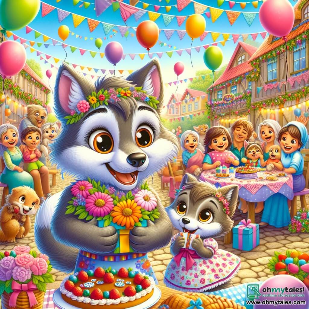 A cheerful little wolf named Leo, with soft gray fur and bright, happy eyes, holds a colorful card in his paws. He smiles widely, full of excitement, in front of a festive backdrop. Next to him, his mother, a brown-furred wolf with warm eyes, looks at Leo tenderly, tears in her eyes, touched by his gesture. She wears a pretty floral apron and holds a bouquet of flowers she just received. The setting is a charming village square, adorned with colorful garlands and floating balloons, with joyful families gathering around a large table decorated with treats. The main scene shows Leo giving his card to his mother, surrounded by laughter and smiles, celebrating Mother's Day in an atmosphere full of joy and love.