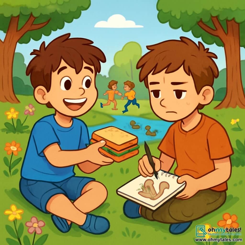 A 10-year-old boy, Max, with tousled brown hair and a bright smile, is sitting on the green grass of the park, holding a sandwich in his hand. He is wearing a blue t-shirt and denim shorts, and his eyes shine with excitement. Next to him, Leo, a 10-year-old boy with chestnut hair and worn clothes, is drawing a squirrel in his notebook, with a focused expression on his face. The park is filled with colorful flowers, majestic trees, and a small pond where ducks swim. The scene shows Max sharing his sandwich with Leo, symbolizing their friendship and joy, while other children play in the background, creating a warm and friendly atmosphere.