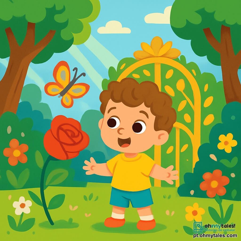 Um menino de 2 anos, chamado Bento, com cabelos cacheados e olhos brilhantes, está em frente a um portão de folhas douradas, exibindo uma expressão maravilhada e curiosa. Ao seu lado, uma rosa vermelha com pétalas vibrantes se inclina levemente, como se falasse com ele, enquanto uma pequena borboleta de asas coloridas dança ao redor. O jardim é exuberante, cheio de flores de todas as cores, com árvores de troncos retorcidos e raios de sol filtrando através da folhagem. Bento, com os braços abertos, parece pronto para explorar esse mundo mágico, enquanto a rosa lhe faz uma pergunta intrigante.