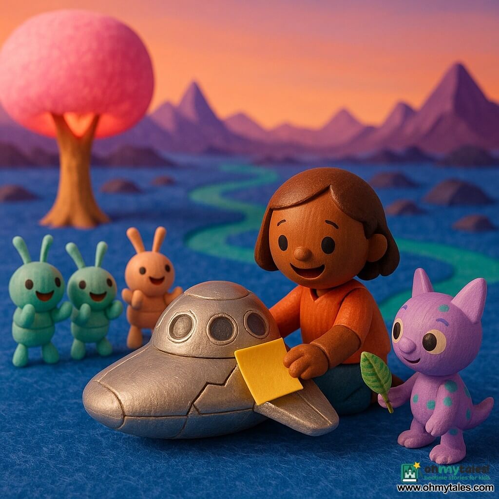 Ava, a round-smiling woman with short brown hair, kneels on the cobalt-blue, felt-like grass of planet Bluebelle, courageously and relievedly pressing a large sticky leaf onto a cracked wing of a small shiny silver craft while a lavender, big-eyed, pointy-eared creature with turquoise spots to her right hands her a shiny leaf and three pastel grasshopper-like creatures to the left applaud; purple jagged mountains, winding emerald rivers and a large glowing pink tree fill the background under a warm, playful sunset pink gradient sky, in a toy wooden diorama style with visible textures, bright colors, simple chunky forms, soft lighting and light shadows.