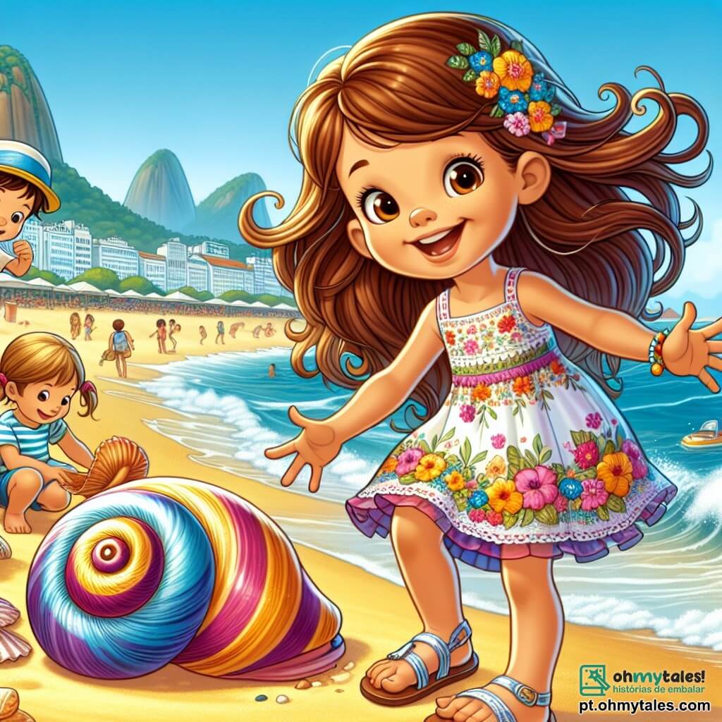 Uma menina de 8 anos, Lúcia, com longos cabelos castanhos e olhos brilhantes de curiosidade, está em uma praia de Copacabana, sorridente e cheia de energia. Ela usa um vestido colorido com estampas de flores e sandálias. Seus braços estão abertos, como se quisesse abraçar o mundo ao seu redor. Ao lado dela, seu amigo Miguel, um menino de 9 anos com cabelo curto e um boné azul, segura uma grande concha em forma de espiral, maravilhado com sua descoberta. Ele está inclinado para frente, com os olhos brilhando de excitação. Um pouco mais longe, Julia, outra amiga de 8 anos com tranças e um maiô listrado, constrói um castelo de areia, concentrada em sua obra. O local é uma praia animada, com ondas quebrando suavemente na areia dourada, guarda-sóis coloridos e famílias se divertindo. Ao longe, pode-se ver o famoso Pão de Açúcar erguendo-se majestoso sob um céu azul com nuvens brancas. A cena principal mostra Lúcia, Miguel e Julia aproveitando um piquenique alegre na praia, cercados de risos e brincadeiras, simbolizando amizade e aventura.