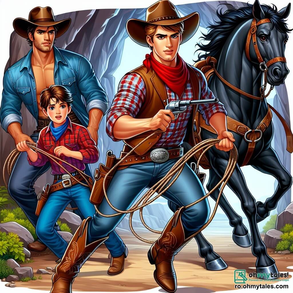 Un tânăr cowboy pe nume Jack, un bărbat de aproximativ 20 de ani, stă în centrul imaginii cu o expresie determinată pe față. Poartă o pălărie mare de cowboy maro, o cămașă în carouri roșii și albastre și cizme din piele uzate. El își agită o frânghie, pregătit să captureze banditul, având alături calul său Blaze, un mustang negru splendid, care pare și el pregătit de acțiune. La dreapta sa, Tom, un cowboy musculos de aproximativ 25 de ani, se apleacă înainte, gata să sară, cu o expresie de concentrare. Poartă o cămașă din denim și un eșarfă roșie la gât. La stânga, Mary, o tânără cowboy de 18 ani, are părul lung și brunet, ține un laț în mâini și zâmbește cu încredere, pregătită să-l ajute pe Jack. Scena se desfășoară la intrarea unei peșteri întunecate și misterioase, înconjurată de stânci abrupte și cactuși, sub un cer albastru strălucitor. Umbre îngrijorătoare se conturează în interiorul peșterii, sugerând prezența bandiților. Situația principală arată cum Jack și prietenii săi se pregătesc să înfrunte banditul Black Bart, cu o atmosferă de tensiune și excitație, ilustrând curajul și determinarea lor de a-și proteja satul.