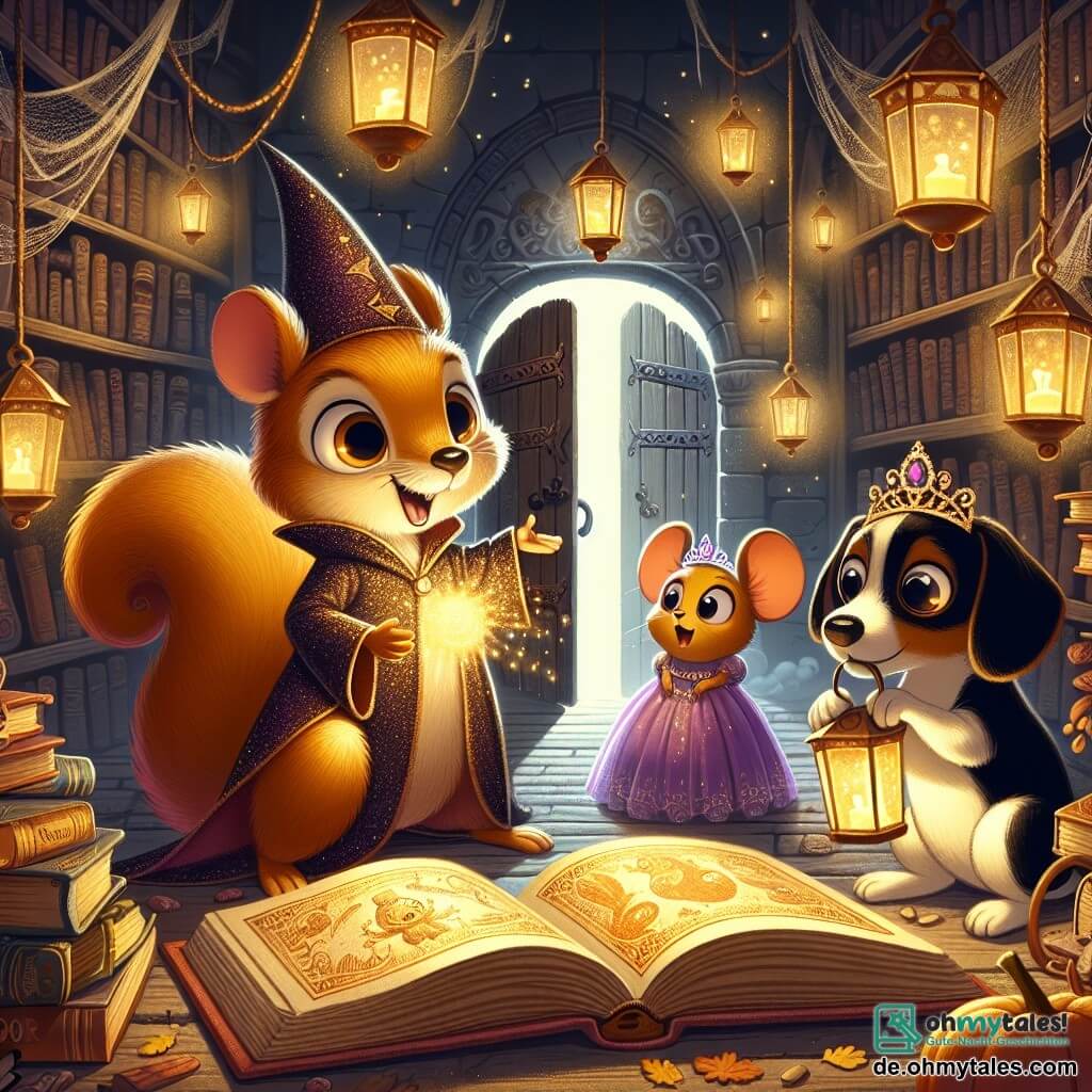 Ein kleiner, funkeläugiger Eichhörnchen mit goldenbraunem Fell, das ein glitzerndes Zauberkostüm trägt, hält eine Laterne, die sein erstauntes Gesicht erleuchtet. Es steht im Mittelpunkt der Szene, umgeben von mysteriöser Magie. Rechts von ihm lächelt eine kleine Maus mit einer Prinzessinnenkrone, runden, glänzenden Augen und hält ein aufgeschlagenes Buch, bereit, die Geheimnisse der Nacht zu entdecken. Links beobachtet ein schwarz-weißer Dachs mit entschlossenem Ausdruck aufmerksam eine alte, mit seltsamen Mustern verzierte Holztür, als wäre er bereit, sich auf ein Abenteuer einzulassen. Der Ort ist eine alte Bibliothek, voll mit staubigen Büchern in bunten Einbänden, mit Spinnweben in den Ecken und schwebenden Laternen, die den Raum in sanftes, warmes Licht tauchen. Die Hauptsituation zeigt die Freunde, die ein mysteriöses, magisches Buch entdecken, das in goldenem Licht erstrahlt und ein verborgenes Geheimnis für ihr Halloween-Abenteuer offenbart, während Schatten um sie herumtanzen und eine sowohl aufregende als auch geheimnisvolle Atmosphäre schaffen.