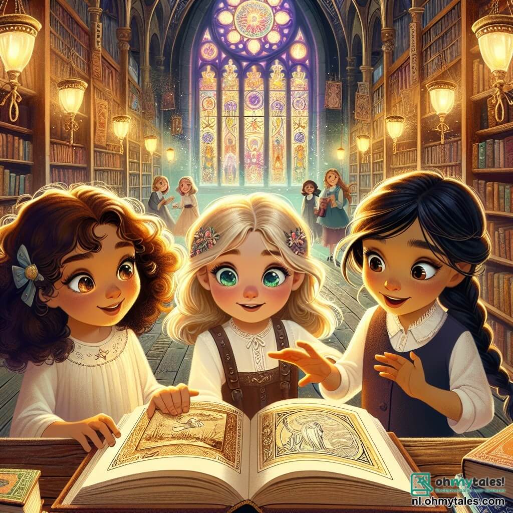 Drie zevenjarige meisjes, Emma, Noor en Mila, staan in het midden van de afbeelding, omringd door oude boeken. Emma, met haar bruine krullen en sprankelende ogen, kijkt verwonderd naar een groot open boek voor haar, terwijl Noor, met haar gladde zwarte haar, met haar vinger naar een mysterieuze illustratie op een pagina wijst. Mila, met haar blonde vlecht en stralende glimlach, houdt een oude kaart in haar handen, klaar om haar vriendinnen naar avontuur te leiden. Hun omgeving is een oude magische boekhandel, gevuld met hoge houten planken vol stoffige boeken, met lichtstralen die door kleurrijke glas-in-loodramen filteren en patronen op de versleten houten vloer projecteren. De scène vangt het moment waarop de drie vriendinnen een mysterieus boek ontdekken dat hen naar een ongelooflijk avontuur leidt, hun gezichten verlicht door nieuwsgierigheid en opwinding.