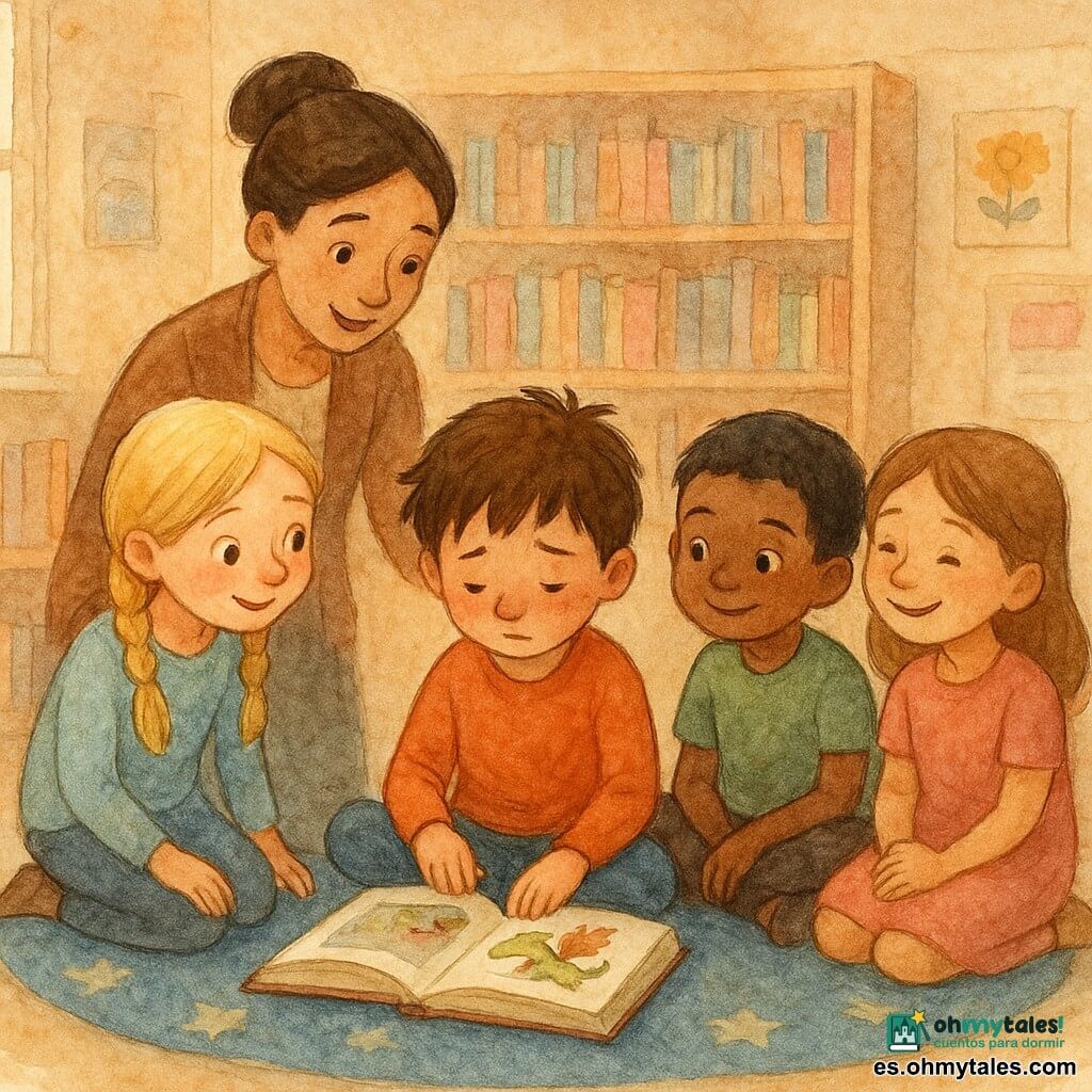 Hay 5 personajes: Lucas, niño de 8 años, pelo castaño alborotado, rostro sonrojado y tímido, sentado en el centro sobre una gran alfombra azul con la cabeza baja y una mano sobre el libro abierto; Sara, niña de 8 años, trenzas rubias, ojos grandes y curiosos, a la izquierda de Lucas inclinada hacia él y sonriendo; Mateo, niño de 8 años, pelo corto negro, expresión traviesa, a la derecha de Lucas sentado en postura de piernas cruzadas mirando el libro; Paula, niña de 8 años, pelo castaño claro, manos en las rodillas, detrás y ligeramente a la derecha de Lucas riéndose discretamente; la seño Carmen, mujer y maestra de unos 30 años, pelo castaño oscuro recogido en moño, mirada benevolente, de pie ligeramente atrás a la izquierda del grupo inclinada hacia los niños. Lugar: interior de una biblioteca escolar con estanterías de madera clara llenas de libros, luz suave que entra por una gran ventana a la izquierda y alfombra redonda azul con motivos de estrellas. Situación principal: momento de verdad: Lucas confiesa tímidamente que inventó la historia del dragón; escena calma y cálida de perdón y confianza, composición centrada en el círculo de niños alrededor del libro, colores cálidos tipo acuarela y textura granosa con leves pinceladas visibles.