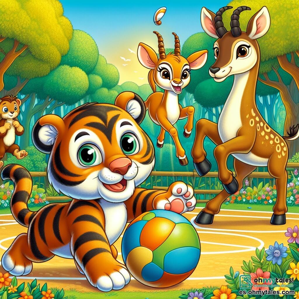 Un pequeño tigre llamado Tico, con rayas naranjas y negras, ojos brillantes y una amplia sonrisa, está lanzando un balón de balonmano con entusiasmo en un campo de juego en plena naturaleza. A su lado, Lila, una elegante gacela de patas largas y finas, con una mirada decidida, se prepara para atrapar el balón corriendo rápidamente. Un poco más lejos, Rocco, un gran oso pardo musculoso, con los brazos cruzados, muestra una expresión de orgullo mientras observa a sus amigos con una sonrisa benevolente. El lugar es un claro soleado, rodeado de majestuosos árboles con hojas verdes brillantes, y flores coloridas que añaden un toque de magia al entorno. Al fondo, otros animales del bosque, como pájaros y conejos, miran el partido con emoción. La situación principal muestra a Tico y sus amigos en plena acción, unidos en un momento de camaradería y competencia amistosa, listos para marcar un punto en su partido de balonmano.