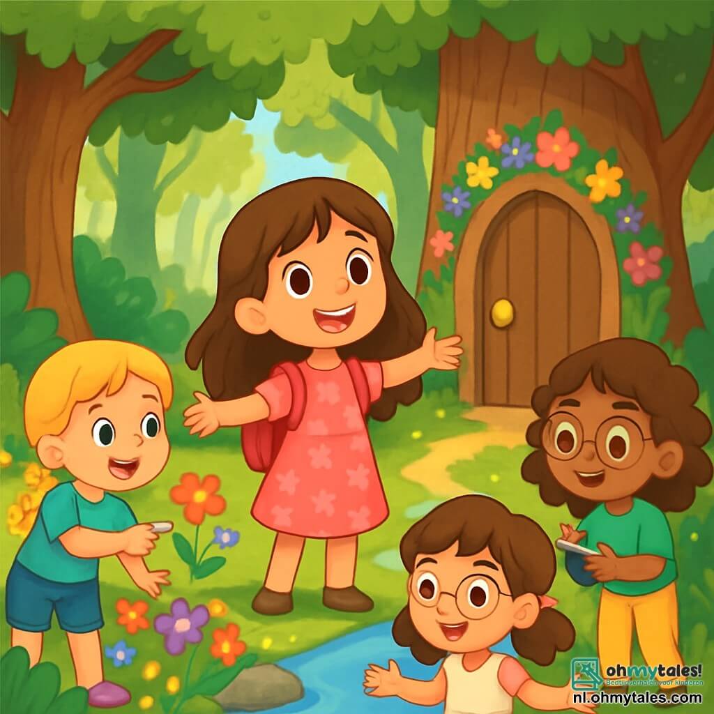 Er zijn 4 kinderen: Noor: een 7-jarig meisje met lang bruin haar en sprankelende ogen. Ze draagt een roze bloemenjurk en houdt een kleine rugzak vast. Ze staat in het midden met open armen, verwonderd door het landschap. Mila: een 7-jarig meisje met blonde vlechten en een ondeugende glimlach. Ze draagt een blauwe t-shirt en een spijkerbroek. Ze staat links van Noor en wijst naar een kleurrijke bloem. Sara: een 7-jarig meisje met krullend haar en ronde bril. Ze draagt een groene blouse en gele broek. Ze staat rechts van Noor en maakt aantekeningen in een klein notitieboekje. Emma: een 7-jarig meisje met kastanjebruin haar en een kleine bloemenkrans. Ze draagt een witte jurk en danst vrolijk bij de rivier. De situatie speelt zich af in een prachtige open plek in een betoverd bos, omringd door majestueuze bomen met dikke stammen en glinsterende bladeren die het zonlicht filteren. In het midden kronkelt een kleine rivier met kristalhelder water tussen gladde stenen, en kleurrijke bloemen sieren de oevers. De hoofdscène toont de vier vrienden die een geheime weg ontdekken, omzoomd met stralende bloemen, die leidt naar een magische deur in een grote eik. Ze zijn allemaal verwonderd en glimlachend, klaar om een wereld vol magie en avonturen binnen te gaan.