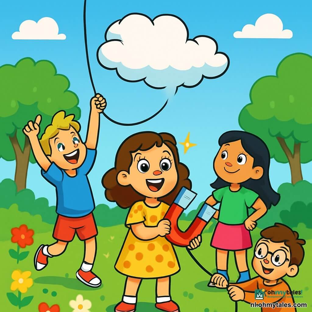 Er zijn 4 kinderen: Kim, een 8-jarig meisje met bruin, krullend haar in een gele stippenjurk, staat in het midden met een glanzende magneet en opgewonden ogen. Sam, een 9-jarige jongen met rommelig blond haar in een blauw T-shirt en een rode short, staat links en steekt zijn armen in de lucht nadat hij een lang touw naar de lucht heeft gegooid. Noor, een 7-jarig meisje met zwart, steil haar in een groen T-shirt en een roze rok, staat rechts met haar handen op haar heupen en kijkt met een vastberaden glimlach naar de wolk. Leo, een 8-jarige jongen met kastanjebruin haar en een bril in een oranje trui, staat achter Kim en houdt het uiteinde van het touw vast, klaar om te helpen. De scène speelt zich af in een zonnige tuin vol kleurrijke bloemen en groene bomen, met een stralende blauwe lucht en enkele witte wolken. In het midden zweeft een omgekeerde wolk met een donzige textuur, wat een magische sfeer creëert. De kinderen werken samen om de wolk rechtop te krijgen; Sam gooit enthousiast het touw terwijl Kim de magneet gebruikt om de wolk aan te trekken, terwijl Noor en Leo hun vrienden aanmoedigen met glimlachen, wat een vrolijke en energieke scène creëert waarin het absurde een leuk avontuur wordt.