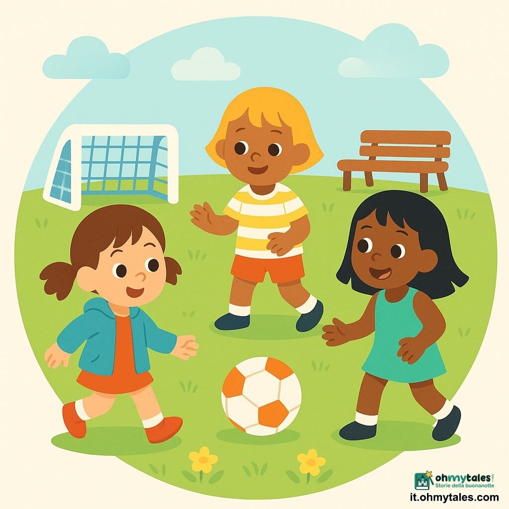 Tre bambine di 4 anni giocano a calcio in un piccolo parco soleggiato: a sinistra una bimba con i capelli castani in due codine, giacca azzurro cielo e scarpe rosse dà un leggero calcio a un pallone bianco e arancione; al centro una bimba bionda con maglietta gialla a righe bianche riceve la palla con le mani pronte, guardando le amiche; a destra una bimba dai capelli neri lisci in tutina sportiva verde sorride pronta a rinviare il passaggio verso sinistra; prato verde morbido, una porta bassa bianca con rete blu sullo sfondo, fiori gialli, panchina distante, cielo azzurro con qualche nuvola, atmosfera calda, amichevole e colorata.