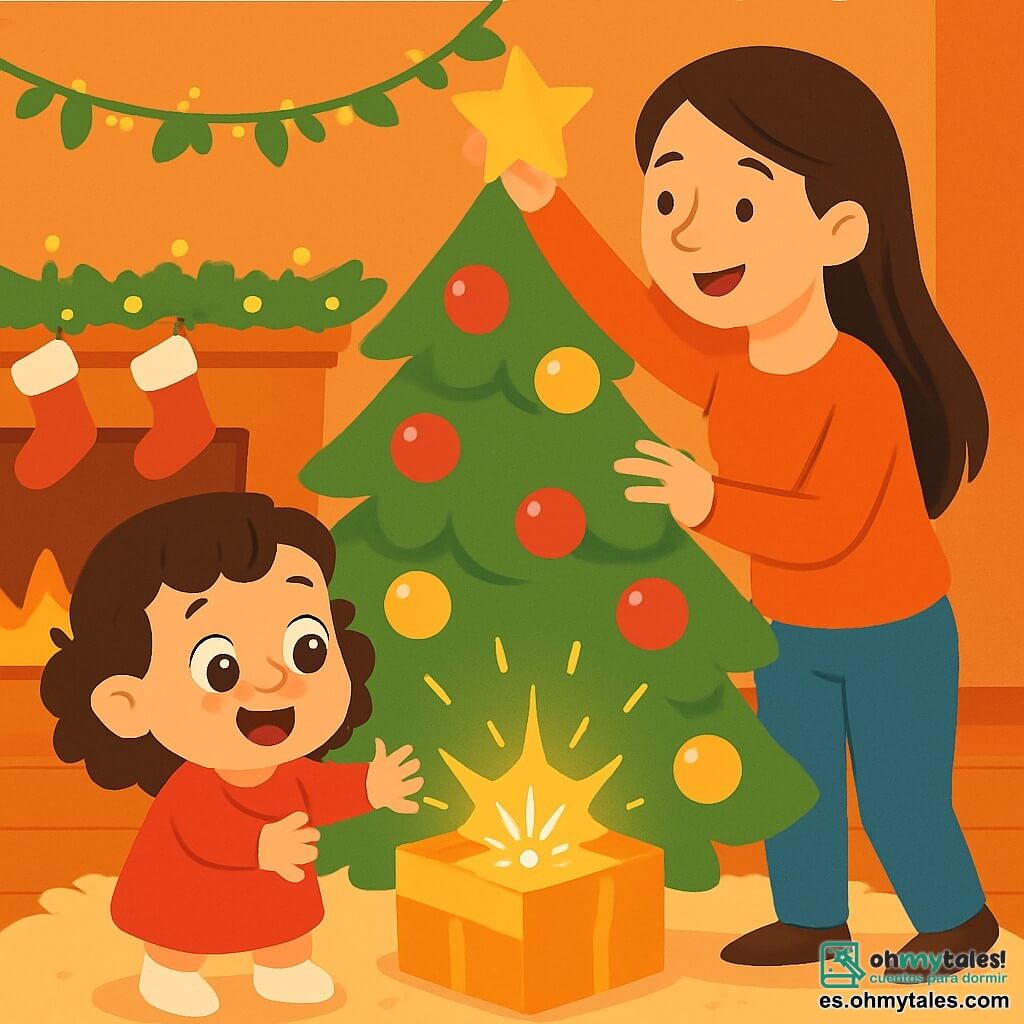 Una niña de 2 años, Noelia, con grandes ojos brillantes y cabello rizado castaño, se encuentra frente a un árbol de Navidad decorado con bolas rojas y doradas. Tiene una sonrisa maravillada y sus pequeñas manos están extendidas hacia una caja brillante. A su lado, su mamá, una mujer sonriente de unos 30 años con cabello largo y liso, ajusta una estrella dorada en la cima del árbol, mirando a Noelia con ternura. El lugar es una sala acogedora, llena de luces parpadeantes y guirnaldas, con una alfombra suave y medias de Navidad colgadas en la chimenea. La escena principal muestra a Noelia descubriendo la caja mágica que se abre, dejando escapar una luz brillante, llena de alegría y sorpresa.