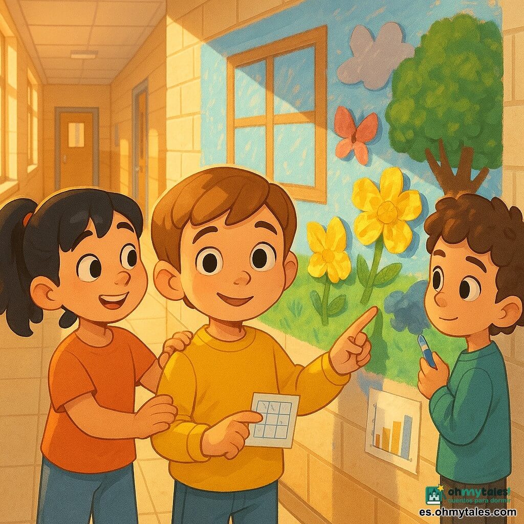 Un niño de 8 años con sonrisa tímida y ojos brillantes, cabello castaño claro corto, con manchas de pintura amarilla en los dedos, sostiene un trozo de papel con una mini tabla de temperaturas y señala la parte del mural que escribió; junto a él está Lucía, 8 años, pelo negro en cola de caballo, rostro redondo y expresivo, ofreciendo una gran flor de papel amarilla y con la mano en el hombro del niño; detrás y a la derecha está Hugo, 8 años, pelo castaño rizado, con mirada reservada y sonrisa incipiente, retoca una nube pintada en gris con un toque de azul; lugar: pasillo escolar luminoso con muros de ladrillo claro, suelo de baldosa beige y grandes ventanas que dejan entrar una luz dorada de tarde; mural primaveral colgado en la pared con una ventana pintada, flores de papel pegadas, árbol de hojas de espuma, mariposas de papel y una pequeña tabla de temperaturas; estilo 3D cartoon en cel-shading, colores vivos y pastel, texturas visibles y sombras suaves con finos contornos negros, ambiente cálido y de asombro, composición centrada en el niño con ligera profundidad de campo.