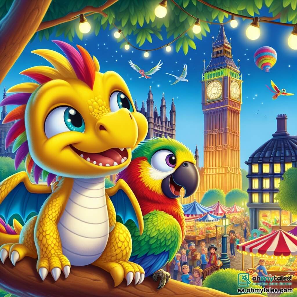 Un pequeño dragón llamado Fabián, con un cuerpo cubierto de plumas amarillas y alas azul brillante, sonríe con asombro mientras se encuentra en una rama de árbol, observando la majestuosa ciudad de Londres. A su lado, su amigo Lucho, un loro colorido con plumas verdes, rojas y amarillas, ríe alegremente mientras señala con el pico hacia el famoso Big Ben que se erige majestuosamente al fondo. La escena tiene lugar en un mercado animado, lleno de coloridos puestos de comida y gente sonriente, con luces centelleantes y globos flotantes que añaden un toque de magia. Fabián y Lucho están planeando su próxima aventura, con los ojos brillantes de emoción mientras se preparan para explorar aún más maravillas de la ciudad.