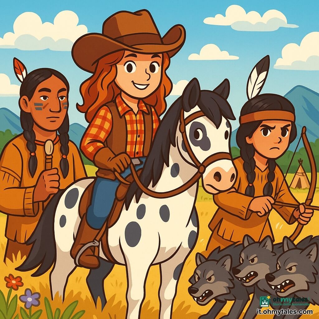 Una giovane cowgirl, Laura, è al centro dell'immagine, con lunghi capelli ondulati, un cappello da cowboy in pelle e un sorriso determinato. Indossa una camicia a quadri rossa e un gilet di pelle, ed è a cavallo del suo fedele cavallo, Silver, di bella pelliccia bianca con macchie nere. Alla sua destra, un giovane indiano di circa 12 anni, con capelli lunghi e intrecciati, indossa una tunica di pelle decorata con piume e tiene un arco di legno, pronto a difendere il suo villaggio. A sinistra, un indiano più anziano di circa 30 anni, con un volto saggio e tatuaggi tradizionali, osserva la scena con occhi pieni di gratitudine, tenendo un bastone cerimoniale. Il paesaggio è una vasta prateria dorata, punteggiata di fiori selvatici colorati, con colline verdi sullo sfondo e un cielo blu brillante, punteggiato di nuvole bianche. In lontananza si intravede un villaggio indiano con dei tipì. La scena principale mostra Laura e gli indiani pronti a difendere il loro villaggio da un gruppo di lupi minacciosi, con un'atmosfera di tensione e coraggio palpabile nell'aria.