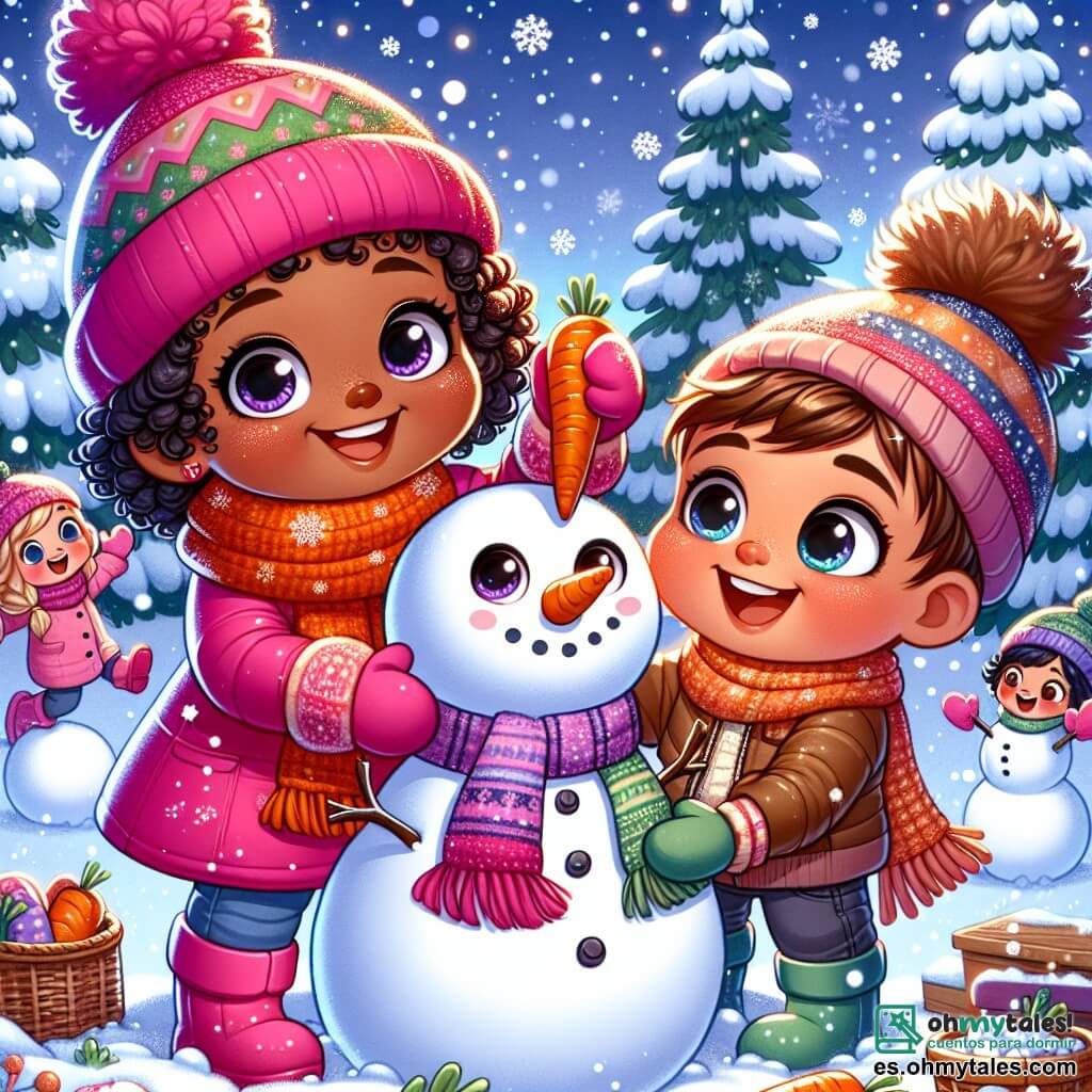 Una niña de 4 años, Clara, con grandes ojos brillantes y cabello rizado, lleva un abrigo rosa y un gorro de lana. Está construyendo un gran muñeco de nieve en un jardín nevado, su rostro radiante de alegría. A su lado, su amigo Lucas, un niño de 5 años con cabello rubio y una sonrisa contagiosa, sostiene una zanahoria que va a poner como nariz en el muñeco de nieve. Más lejos, Sofía, una niña de 4 años con trenzas castañas y una bufanda colorida, lanza bolas de nieve riendo, sumando a la atmósfera festiva. El paisaje es un encantador escenario invernal, con árboles cubiertos de nieve brillante y copos que caen suavemente del cielo. La escena irradia una alegría mágica, capturando el espíritu de la celebración de Año Nuevo.