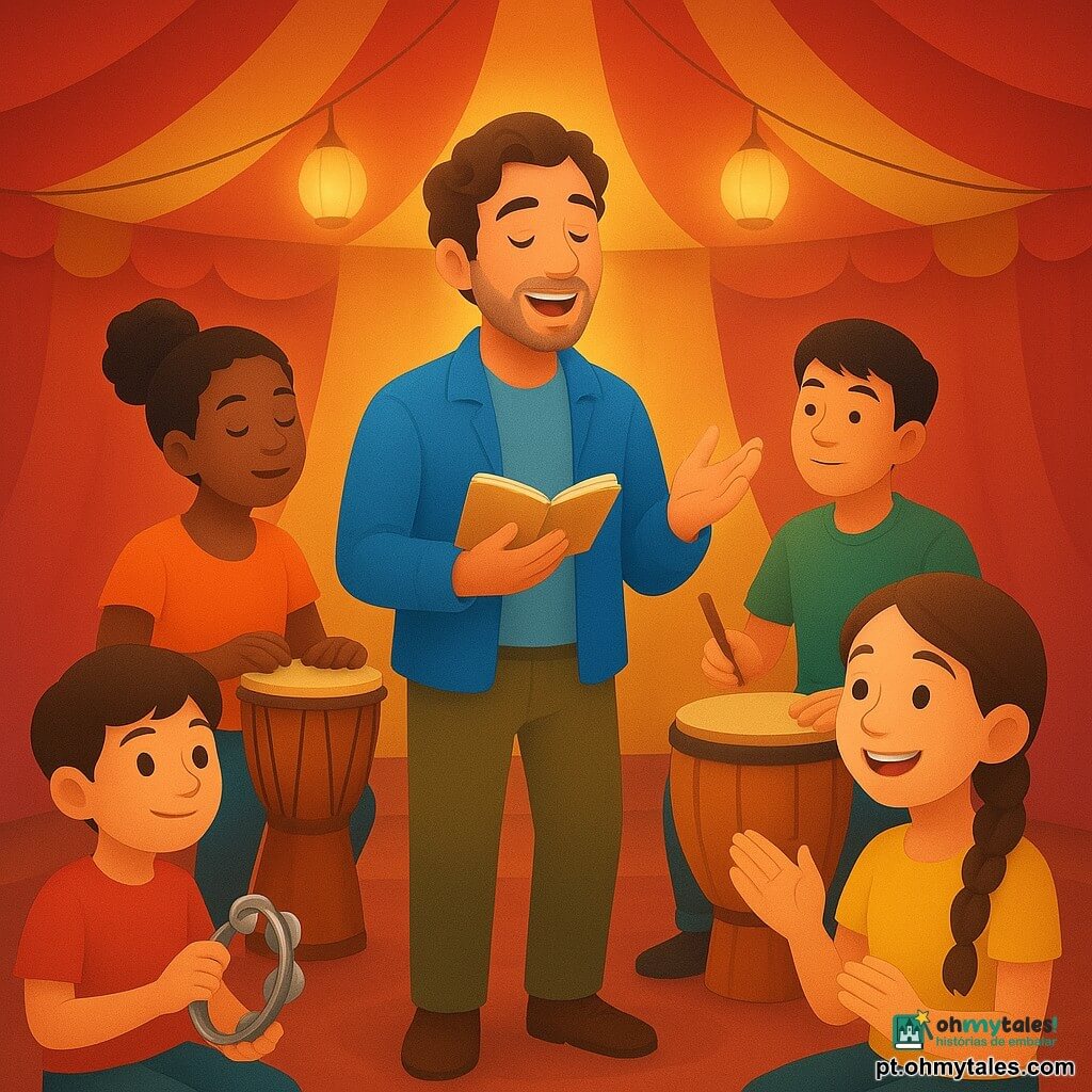 Miguel, homem adulto, alegre e sereno, canta segurando um caderninho de letras; Laila, percussionista jovem, toca um atabaque com as palmas; Kenji, jovem de origem asiática, segura baquetas perto de um tambor e observa Miguel; Sofia, menina com aparelho e trança, marca o tempo batendo palmas; Tomás, garoto com protetor auricular colorido, segura um chocalho prateado e sorri timidamente; uma menina faz o gesto do vento e um rapaz de boné vermelho marca passos no tapete; tudo ocorre no interior de uma lona redonda vermelha e amarela com tapete grosso, lanternas que espalham luz dourada e instrumentos dispostos em círculo, cena de ensaio musical íntimo e caloroso, luz suave e cores harmoniosas.