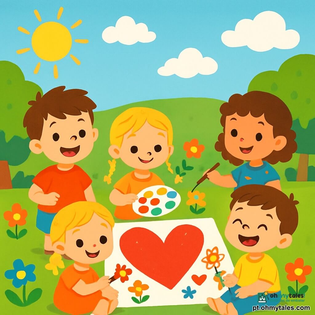 Há 4 crianças: - Tomás: um menino de 3 anos, com cabelo castanho bagunçado e um sorriso radiante. Ele segura um pincel em uma mão e olha para um grande coração colorido que pintou. - Luísa: uma menina de 3 anos, com cabelo loiro trançado e olhos brilhantes. Ela está sentada ao lado de Tomás, segurando uma paleta de pintura cheia de cores vivas. - Sofia: uma menina de 3 anos, com cabelo cacheado e um vestido florido. Ela está em pé, desenhando uma pequena flor ao lado do coração gigante. - Gabriel: um menino de 3 anos, com cabelo castanho e um grande sorriso. Ele está sentado no chão, com um pincel verde, rindo e mostrando seu nariz pintado de verde. O local é um jardim ensolarado, cheio de flores coloridas e árvores verdes. O céu é azul com algumas nuvens brancas fofas. No centro, há uma grande folha de papel na qual as crianças pintaram um enorme coração vermelho, cercado por desenhos de flores e pequenos corações. A situação principal mostra as crianças criando juntas um grande coração colorido para o Dia das Mães. Elas riem e se divertem, cada uma adicionando seu toque pessoal a esta obra de arte alegre, cheia de cores vivas e felicidade.