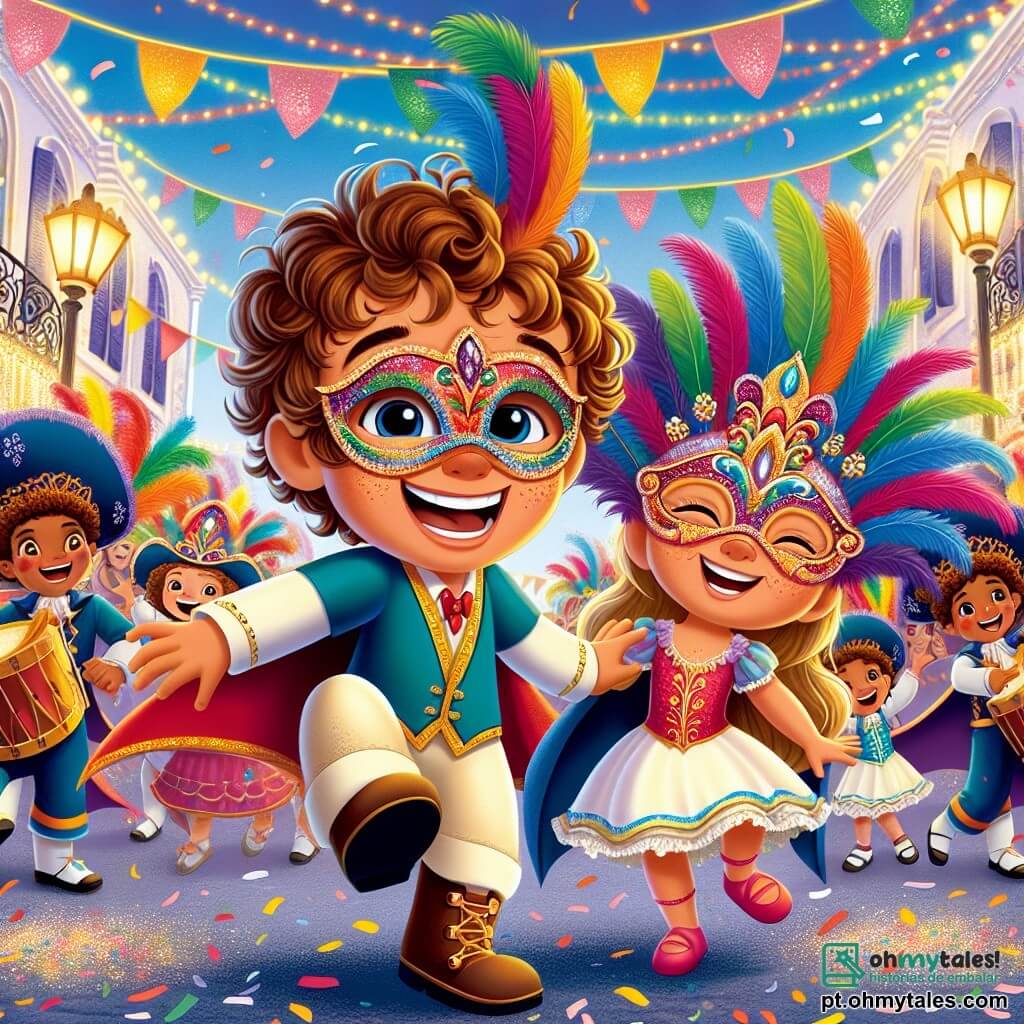 Um menino de 6 anos, Lucas, com cabelos cacheados e um grande sorriso, usa uma máscara colorida adornada com penas brilhantes. Ele dança alegremente no meio de uma rua movimentada, seus olhos brilhando de felicidade. Ao seu lado, uma menina de 6 anos, Sofia, vestida de linda borboleta com asas multicoloridas, ri enquanto gira ao seu redor, acrescentando à magia do momento. A cena acontece em uma rua festiva da ilha Alegria, decorada com guirlandas coloridas e lanternas cintilantes, onde as pessoas dançam e cantam ao ritmo dos tambores. Confetes flutuam no ar, criando uma atmosfera alegre e vibrante. Lucas e Sofia, cercados por outras crianças em trajes variados, se divertem juntos, compartilhando risos e sorrisos enquanto participam de um desfile de carnaval cheio de cores e música contagiante.