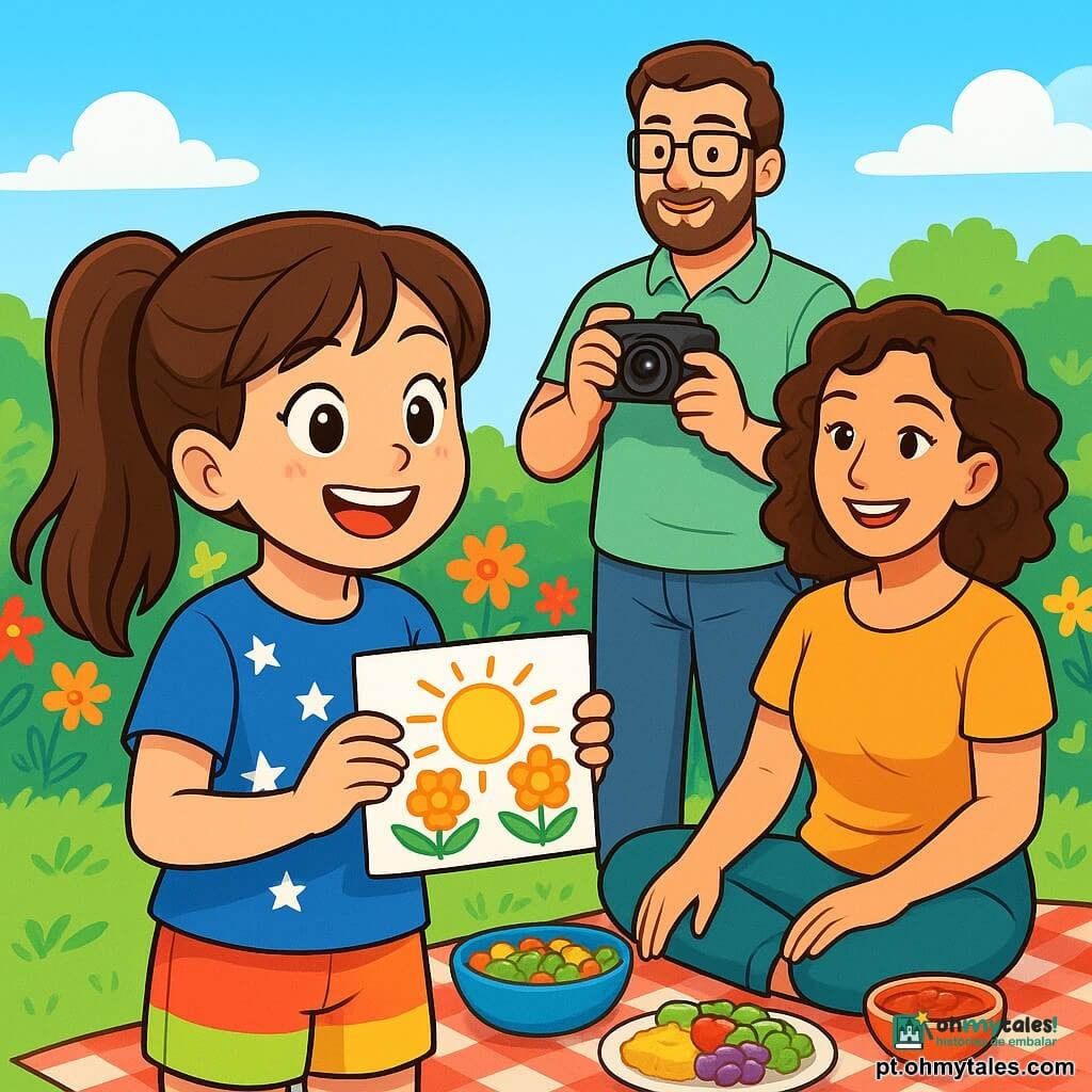 Uma menina de 10 anos, com longos cabelos castanhos presos em um rabo de cavalo, sorri alegremente, seus olhos brilhando de felicidade. Ela usa uma camiseta azul com estrelas brancas e um short colorido, segurando uma faixa de papel decorada com desenhos de sol e flores. Ao seu lado, sua mãe, uma mulher de cerca de 35 anos, com cabelos cacheados castanhos e um sorriso caloroso, está sentada em uma toalha de piquenique, cercada por pratos coloridos. O pai, um homem de cerca de 40 anos, com uma barba leve e óculos, está atrás deles, segurando uma câmera, pronto para capturar esse momento especial. A cena ocorre em um jardim ensolarado, cheio de flores vibrantes e vegetação luxuriante, com um céu azul claro ao fundo. No centro, a menina orgulhosamente apresenta um pequeno presente feito à mão para sua mãe, cercada de risos e alegria, criando uma atmosfera festiva e calorosa, cheia de amor e cumplicidade.