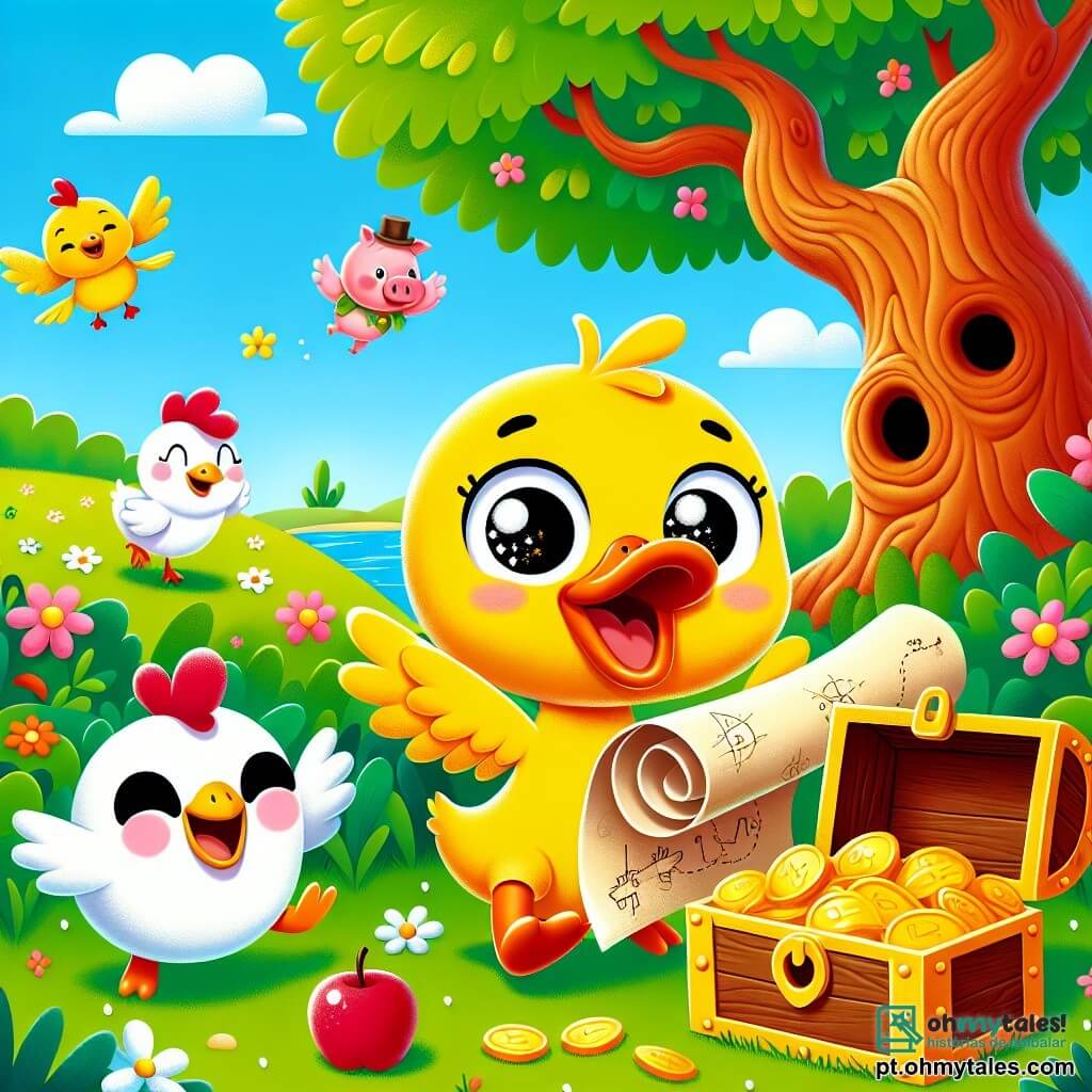 Um pato chamado Quim, com plumagem amarela brilhante e olhos cheios de curiosidade, está alegremente no centro da imagem, segurando um velho pedaço de papel enrolado que representa um tesouro. Ao seu lado, uma pequena galinha chamada Gabi, com penas brancas e um chapéu de palha, salta de alegria, enquanto um porquinho chamado Pipoca, com pele rosa e manchas marrons, ri enquanto se esfrega na barriga. O cenário é um campo verdejante, salpicado de flores coloridas e uma grande árvore antiga com tronco tortuoso, sob um céu azul claro com algumas nuvens fofas. Quim, Gabi e Pipoca estão descobrindo um tesouro enterrado na terra, cercados de risadas e excitação, com maçãs vermelhas brilhantes transbordando de uma caixa de madeira.