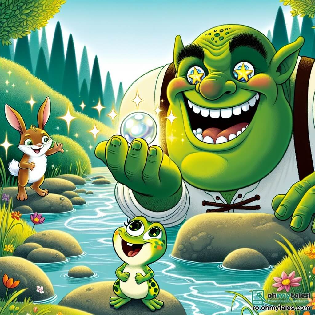 Un ogre numit Ovidiu, mare și impunător, cu o piele verde strălucitoare și ochi strălucitori ca stelele, stă la marginea unui pârâu. El zâmbește larg, arătându-și bunătatea, în timp ce ține delicat o perlă strălucitoare în mâinile sale mari. Lângă el, o broscuță mică numită Bibi, cu o piele verde și pete galbene, sare de bucurie, ochii ei strălucind de fericire. Este mică și drăguță, cu un aer entuziast, și se află chiar în fața lui Ovidiu, privind perlă cu uimire. Un pic mai departe, un iepure tânăr numit Ionuț, de aproximativ 5 ani, cu blană maro deschis și urechi mari, observă scena cu un zâmbet prietenos, așezat pe o piatră plată la marginea pârâului. Decorul este o splendidă poiană de pădure, unde soarele filtrează printre frunzele copacilor, iluminând pârâul cu ape cristaline care șerpuiesc printre flori colorate și iarbă înaltă. Situația principală arată cum Ovidiu, ogrele binevoitor, îi restituie perla magică lui Bibi, broscuța, creând un moment de bucurie și prietenie în inima naturii încântate.