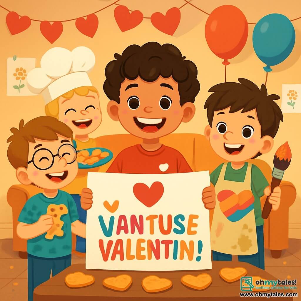 There are 4 children: Oscar, an 8-year-old boy with curly hair and a bright smile, is in the center holding a large paper sign that says "Happy Valentine's Day!" in colorful letters. Henry, also 8, has round glasses and a dinosaur-patterned t-shirt, is to the left of Oscar, laughing and holding a dinosaur-shaped cookie. Max, 8, has messy brown hair and a painter's apron, is to the right of Oscar, holding a large brush and a colorful heart he just painted. Leo, 8, has blonde hair and an oversized chef's hat, is behind Oscar, smiling and holding a plate full of heart-shaped cookies. The setting is a cozy living room decorated with paper heart garlands and colorful balloons floating from the ceiling. Heart-shaped cookies are placed on a wooden table, and glitter sparkles on the floor. Children's drawings adorn the walls, adding a cheerful touch to the atmosphere. The main scene shows the children preparing a Valentine's Day party, laughing together while decorating the room with hearts and balloons, creating a festive and friendly ambiance.