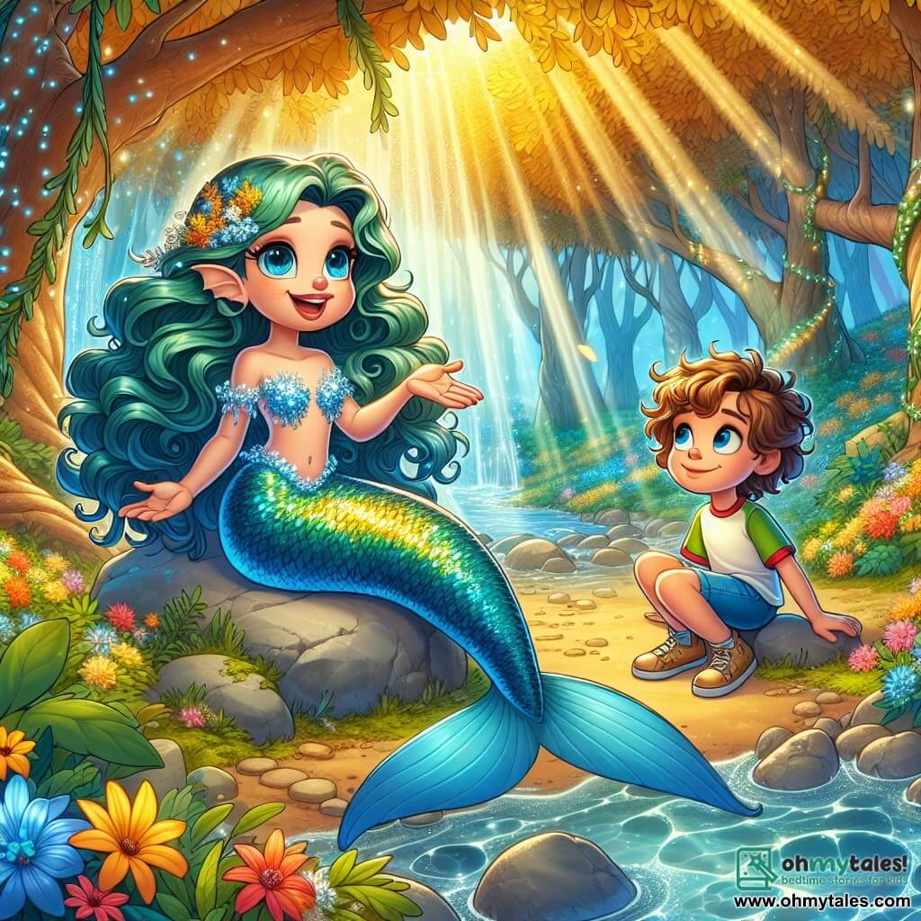In a magical corner of the forest, a mermaid named Mira, with long wavy seaweed-colored hair and a shimmering tail in shades of blue and green, smiles with sparkling eyes full of excitement. She sits on a rock surrounded by glowing flowers, reaching out to a young boy named Leo, about 10 years old, with curly hair and bright eyes. Leo, wearing a colorful t-shirt and shorts, looks at Mira in wonder, eager to listen. The setting is an enchanted clearing where a sparkling stream winds through majestic trees with golden leaves, and vibrant flowers brighten the ground. Sunlight filters through the branches, creating a warm and magical atmosphere. The main scene shows Mira and Leo exchanging words while the gentle murmur of the stream surrounds them. Mira explains to Leo that he must help her protect the magic of the forest, as a light breeze makes the leaves dance around them, adding a touch of mystery to their conversation.