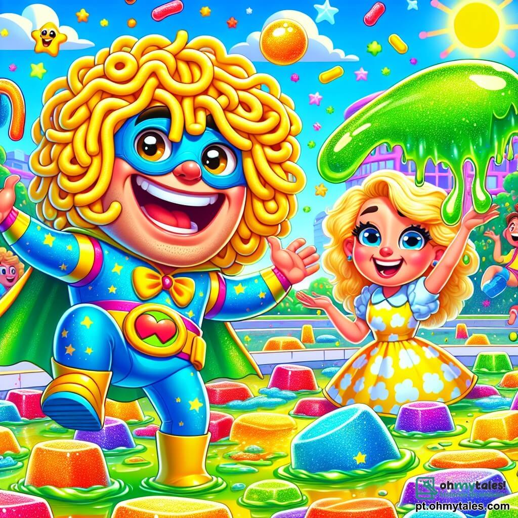 Super-Homem-Miojo é um homem alegre com cabelos amarelos em forma de macarrão, um grande sorriso travesso e olhos brilhantes de malícia. Ele está pulando em uma poça de gelatina colorida, espirrando gelatina verde ao seu redor enquanto ri. Dona Fofinha, uma mulher de cabelos cacheados e olhos brilhantes, está ao seu lado, segurando um grande travesseiro macio e rindo. Ela usa um vestido colorido com estampas de nuvens e parece pronta para lançar seu travesseiro. Capitão Pum, um garoto com uma capa azul brilhante e um sorriso travesso, faz bolhas de glitter que flutuam ao redor, adicionando um toque mágico à cena. A cena acontece em uma grande praça ensolarada, cheia de gelatina de todas as cores, com árvores verdes e flores vibrantes ao fundo. Risadas ecoam no ar, e um pequeno pato desliza sobre a gelatina, trazendo um toque cômico. A situação principal mostra Super-Homem-Miojo e seus amigos em uma festa, pulando e brincando na gelatina, criando uma atmosfera alegre e divertida, cheia de risos e camaradagem.