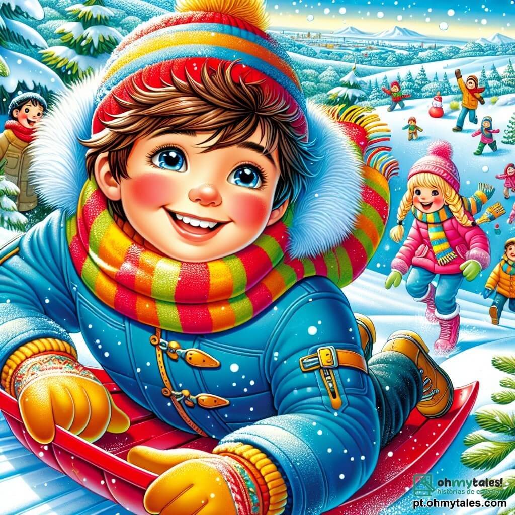 Um menino de 12 anos, Lucas, com cabelos castanhos bagunçados e bochechas rosadas pelo frio, sorri com admiração enquanto desliza em um trenó vermelho brilhante por uma ladeira coberta de neve. Ele usa um grosso casaco azul, um cachecol listrado e luvas amarelas, seus olhos brilham de alegria. Perto dele, uma menina de 11 anos, sua irmã, com cabelos loiros trançados e um gorro rosa, lança uma bola de neve rindo, suas bochechas também vermelhas de felicidade. Ao fundo, um grupo de crianças, todas vestidas com roupas coloridas, se divertem fazendo bonecos de neve e brincando na neve cintilante. A cena transmite uma atmosfera de alegria e camaradagem, cheia de risos e magia invernal.