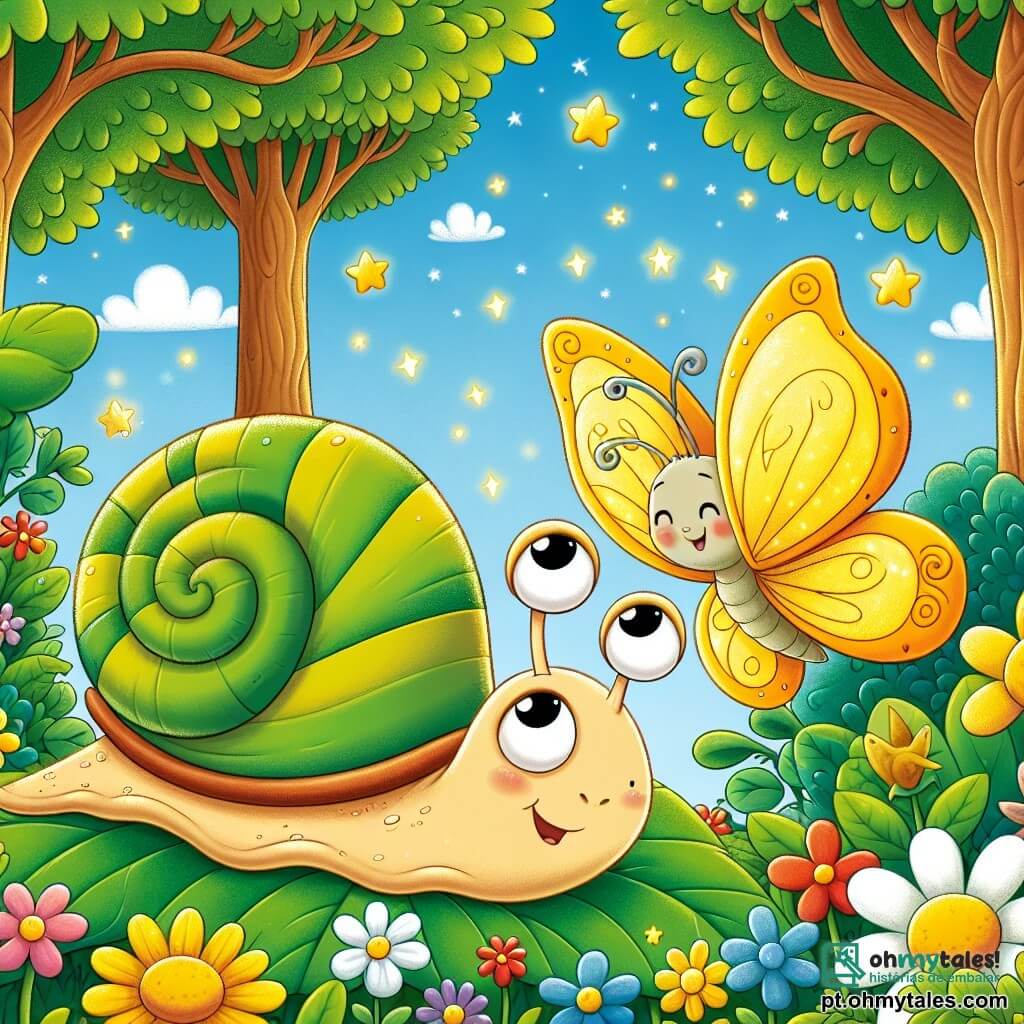 Um caracol chamado Carlinhos, com uma concha espiral colorida em verde e amarelo, avança lentamente sobre uma folha verde, seu rosto expressando curiosidade e admiração. Ao seu lado, uma alegre borboleta amarela, com asas delicadas e translúcidas, voa graciosamente no ar, encorajando-o com um sorriso amigável. Ao fundo, um jardim luxuriante se estende, repleto de flores vibrantes, grandes árvores com troncos robustos e um céu azul claro salpicado de nuvens brancas e fofas. A cena representa Carlinhos e a borboleta descobrindo juntos um lugar mágico no fundo do jardim, onde as estrelas brilham e parecem sussurrar segredos encantados.
