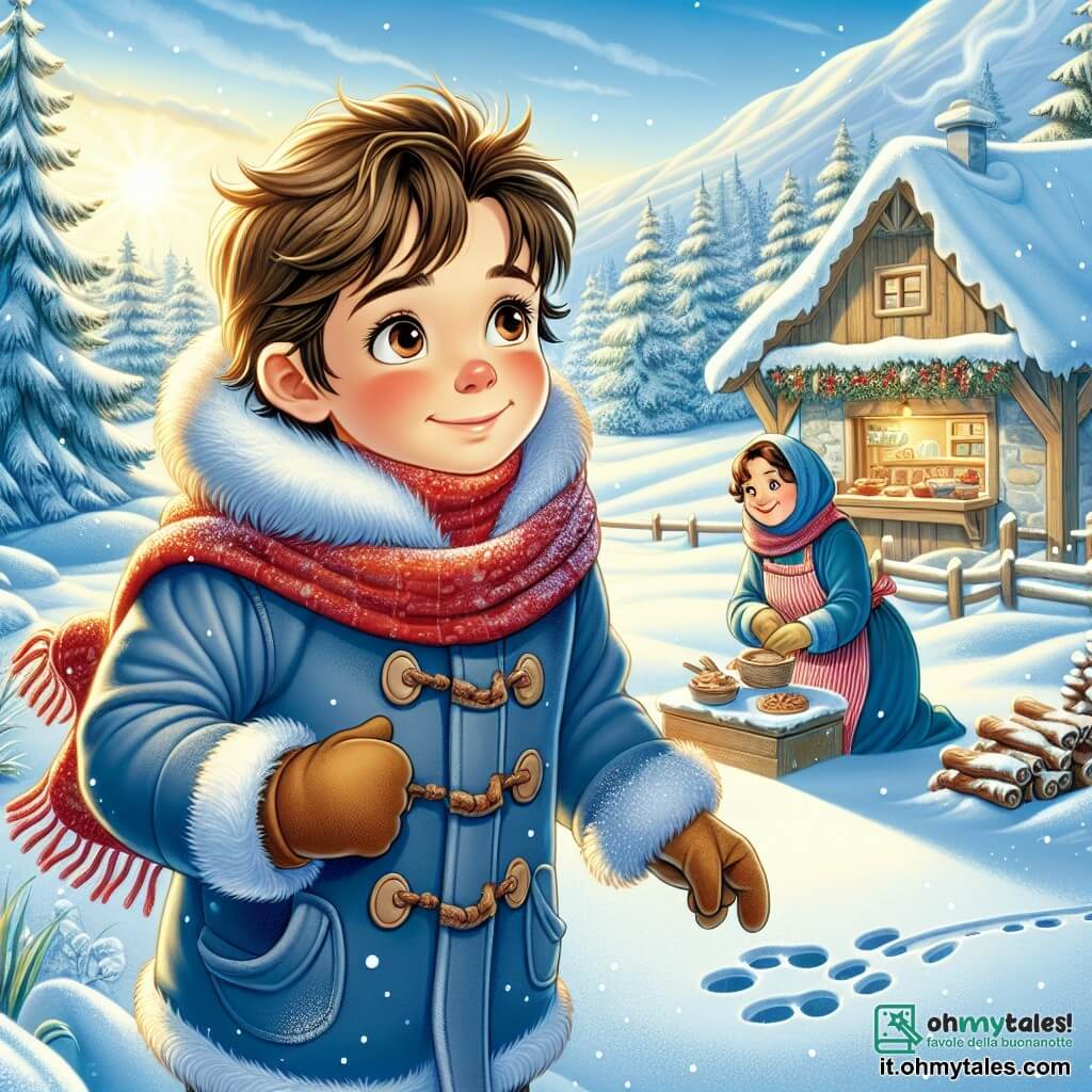 Un ragazzo di 11 anni, Marco, con capelli castani scompigliati e guance arrossate dal freddo, sta camminando in un magnifico paesaggio invernale. Indossa un pesante cappotto blu, una sciarpa rossa e guanti, e il suo viso esprime gioia e meraviglia. Nelle vicinanze, sua madre, una donna di circa trent'anni con capelli castani e un sorriso caloroso, prepara biscotti alla cannella in una piccola casa di legno visibile sullo sfondo. Guarda Marco con tenerezza, felice di vederlo divertirsi nella neve. Il luogo è un affascinante villaggio di montagna, circondato da dolci colline coperte di neve scintillante sotto il sole invernale. Alberi maestosi, con i rami carichi di neve, si ergono tutt'intorno, creando un'atmosfera magica. La scena principale mostra Marco che si ferma per osservare impronte di animali nella neve, intrigato e curioso, mentre tiene la sua macchina fotografica pronta a catturare la bellezza della natura.