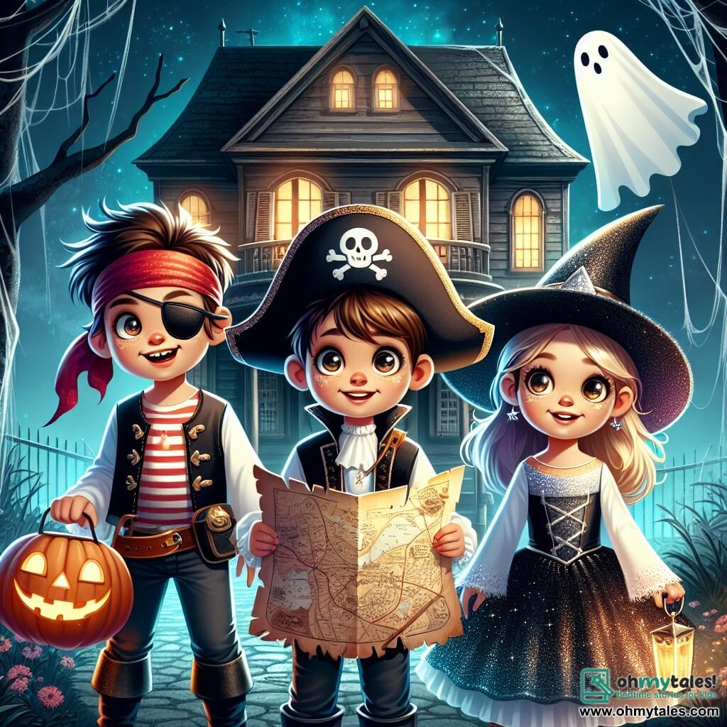 In a magical Halloween scene, three children stand in front of a haunted house. Sam, a 10-year-old boy, is dressed as a pirate with a black hat, a red bandana, and an eye patch, holding a treasure map with a big smile. Leo, a 9-year-old boy, is dressed as a little ghost in a white sheet, with round eyes and a mix of fear and curiosity, standing slightly back and looking at the house wide-eyed. Mia, a 10-year-old girl, is dressed as a witch in a sparkling black dress, a pointed hat, and holding a sparkling wand, proudly standing in the center, ready to enter. The haunted house is old, with weathered wooden walls, dark windows, and a porch covered in cobwebs. A flickering light emanates from inside, creating a mysterious atmosphere. The children are preparing to enter the house, determined to take on the candy quest, their backpacks filled with bright, colorful treats. Their faces are lit with excitement and a hint of apprehension as the wind gently blows, rustling the autumn leaves around them.