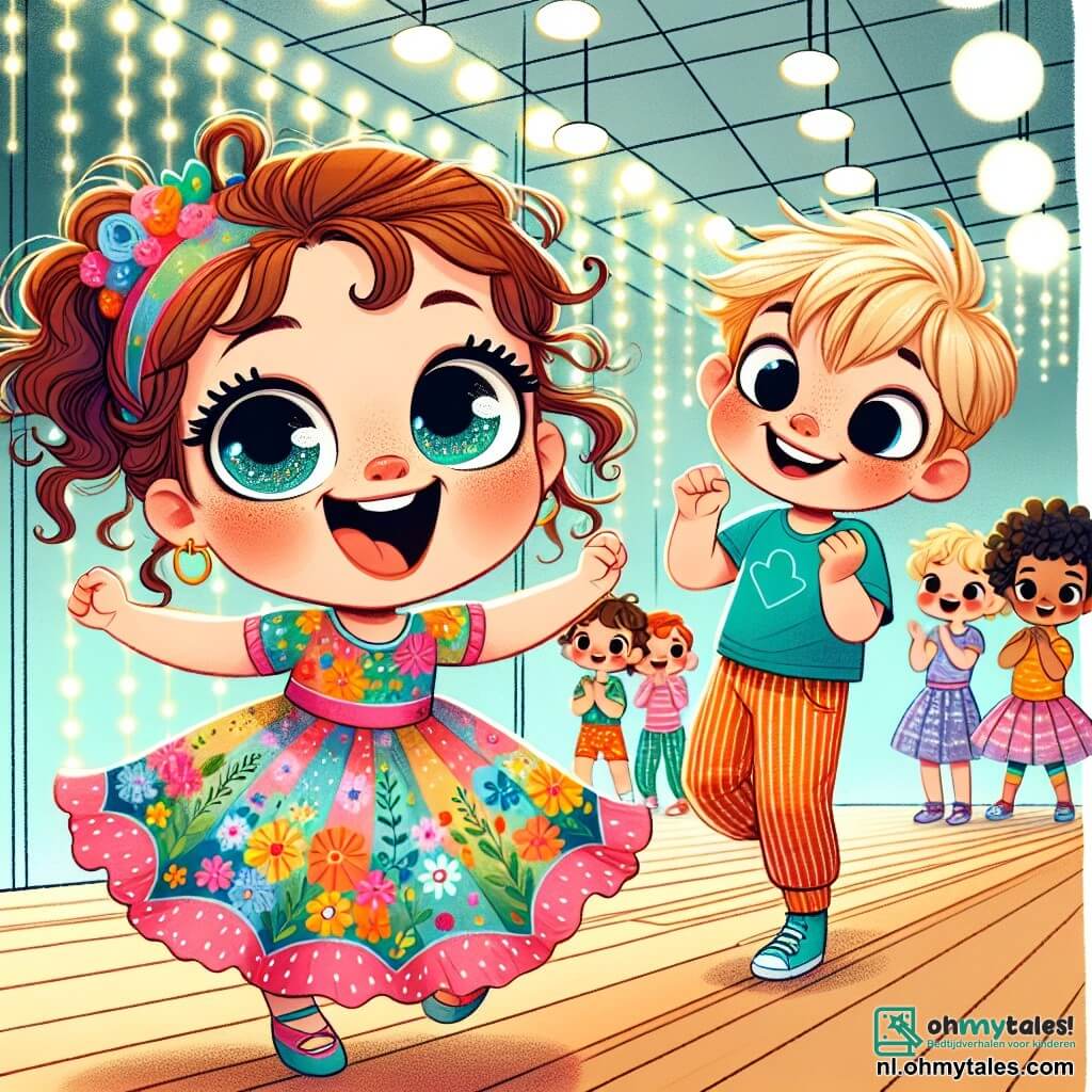 Een klein meisje van 2 jaar, Lila, met grote glanzende ogen en krullend haar, danst vrolijk op een houten podium. Ze draagt een mooie gekleurde jurk met bloemenpatronen en een stralende glimlach op haar gezicht, wat haar vreugde en enthousiasme toont. Naast haar staat een jongen van 5 jaar, Max, met rommelig blond haar en een blauwe t-shirt, die applaudisseert en haar aanmoedigt met een grote glimlach. Op de achtergrond vermaakt een groep van vijf kinderen van verschillende leeftijden en achtergronden, allemaal gekleed in kleurrijke dansoutfits, zich samen en creëert een vrolijke en dynamische sfeer. De locatie is een lichte danszaal met spiegels aan de muren en fonkelende lichten aan het plafond, gevuld met een feestelijke en gastvrije ambiance. De hoofdscène toont Lila en haar vrienden die samen dansen, verenigd door de muziek, lachend en elkaar aanmoedigend, wat de teamgeest en de vreugde van het delen van het plezier van dansen illustreert.