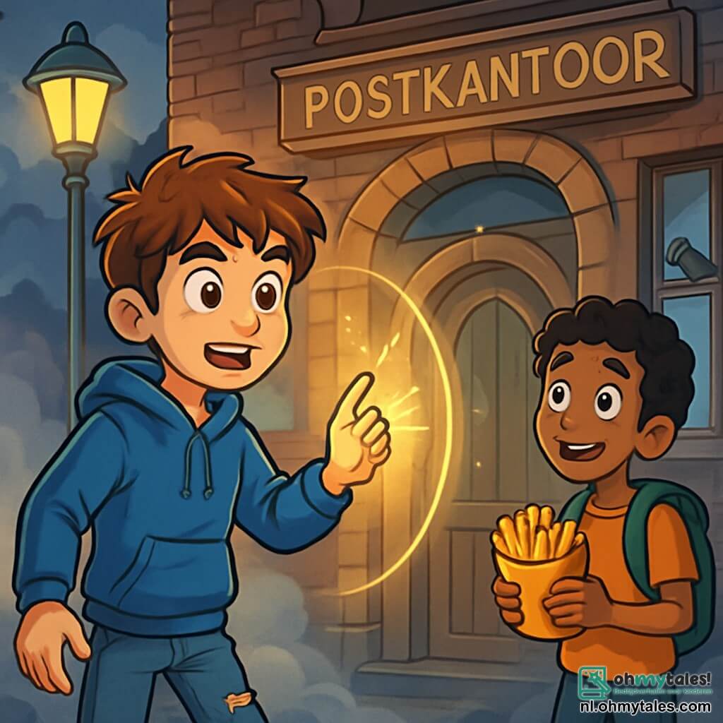 Een 12-jarig jongen, Max, met rommelig kastanjebruin haar en nieuwsgierige ogen, staat voor een oud postkantoor. Hij draagt een versleten blauwe hoodie en een gescheurde spijkerbroek, met een uitdrukking van vastberadenheid en opwinding. Naast hem staat zijn vriend Youssef, een 12-jarige jongen met krullend zwart haar en een ondeugende glimlach, die een grote portie friet in één hand vasthoudt terwijl hij het mysterieuze portaal achter hen in de gaten houdt. De locatie is een oud bakstenen gebouw met stoffige ramen en een krakende houten deur, omringd door straatlantaarns die zwak schitteren in het ochtendlicht. Duiven zitten op de vensterbanken, terwijl een lichte mist rondhangt, wat een vleugje mysterie aan de sfeer toevoegt. De belangrijkste situatie toont Max die een fonkelend licht aanraakt dat uit het portaal komt, klaar om een magische doorgang te activeren, terwijl Youssef, gefascineerd, kijkt met een uitdrukking van verwondering en anticipatie.