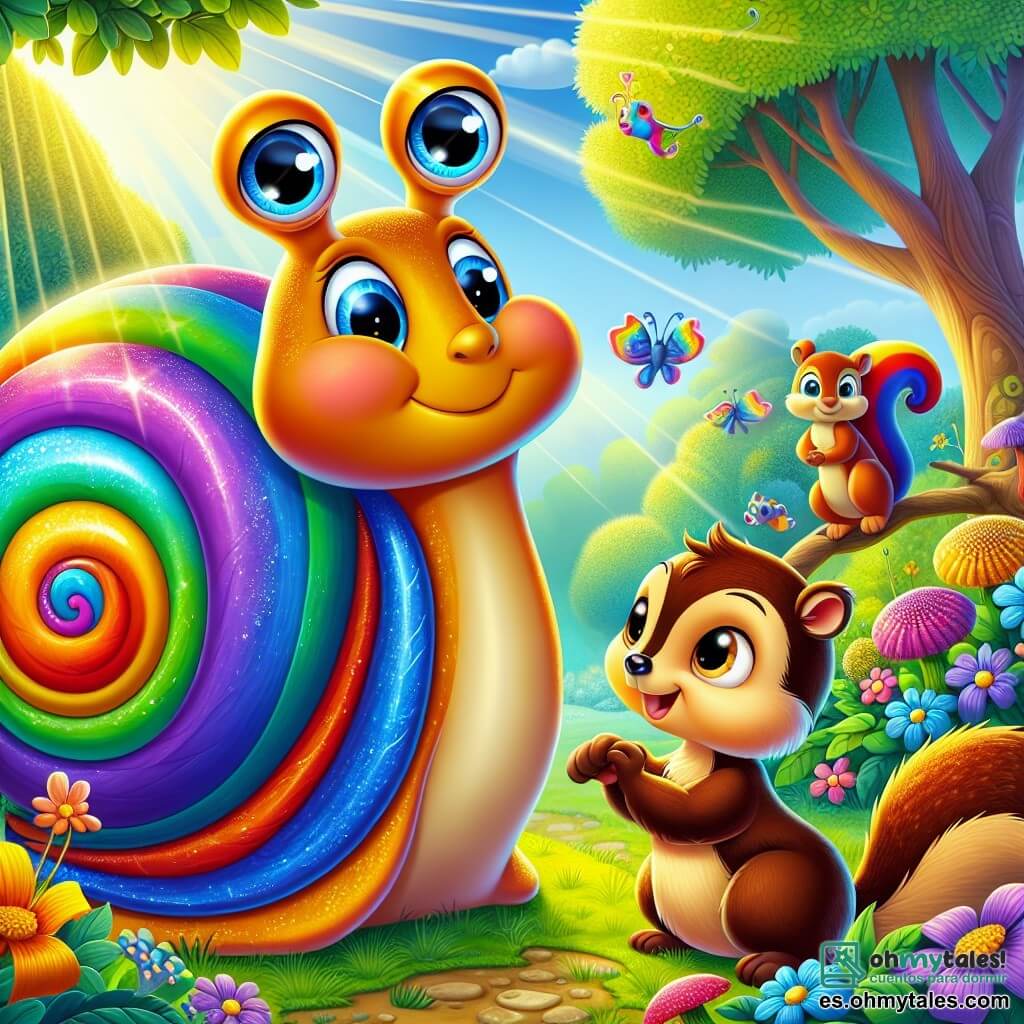 Un pequeño caracol llamado Caracolito, con un caparazón colorido en arcoíris que brilla bajo el sol, se encuentra en el centro de la imagen, mostrando una expresión de determinación y amabilidad. A su derecha, una ardillita llamada Lili, con pelaje marrón y ojos brillantes, mira a Caracolito con una gran sonrisa, lista para ayudarlo. Al fondo, un pequeño pájaro llamado Pío, con plumas amarillas y azules, está posado en una rama, observando la escena con curiosidad. El lugar es un jardín encantador, lleno de flores brillantes de todos los colores, grandes árboles verdes y rayos de sol que se filtran a través de las hojas. La situación principal muestra a Caracolito y Lili liberando a Pío, que está atrapado en un arbusto espinoso, ilustrando el espíritu de ayuda y amistad entre los personajes.