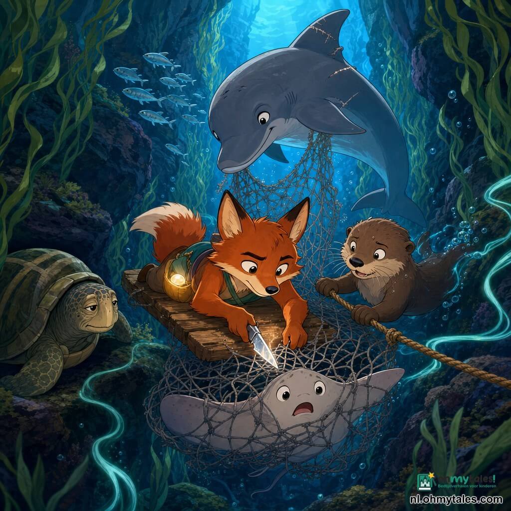 Een kleine antropomorfe vos met warm roodbruin vachtje en slimme ogen ligt op een drijfplank, kalme vastberaden blik, houdt een glanzend schelpenmes en heeft een lichtparel in zijn zak; een jonge speelse zeeotter met natbruine vacht en trillende snorharen zwemt naast hem en houdt een touw om hem te stabiliseren; een grote grijze dolfijn met littekens op de vin cirkelt boven hen en drijft zacht een net omhoog; een oude zeeschildpad met versleten gestreepte schild kijkt wijselijk vanuit de rotsmond van een nauwe onderwaterkloof; een bleek pijlstaartrogje met bange ronde ogen zit gedeeltelijk verstrikt in een gescheurd grijs net in het midden; de vos snijdt voorzichtig de touwen door om het rogje te bevrijden, precieze stille bewegingen, groene en blauwe parellichtreflecties, donkere rotswanden, golvende groene algen en zwerm zilveren vissen op de achtergrond, levendige contrastrijke kleuren en duidelijke contouren voor een veilige avontuurlijke sfeer.