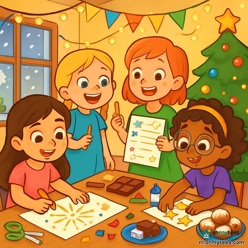 Er zijn vier kinderen: Noor, een 8-jarig meisje met lang bruin haar en sprankelende ogen, in een roze jurk met glitters, zit aan de tafel te tekenen op een groot stuk papier. Mila, een 7-jarig meisje met blonde vlechten en een stralende glimlach, staat in een blauwe jurk met een potlood in de hand en kijkt enthousiast naar Noor. Yara, een 6-jarig meisje met krullend haar en ronde bril, in een paarse jurk, zit naast de tafel en plakt papieren sterren op haar blad. Fien, een 7-jarig meisje met rood haar en sproeten, in een groene jurk, staat naast Mila en toont haar blad vol wensen. De ruimte is een gezellige woonkamer, versierd voor het nieuwe jaar met glinsterende slingers en kleurrijke ballonnen aan het plafond. Een grote houten tafel is bedekt met knutselspullen, chocolade en heerlijke oliebollen. Door het raam vallen sneeuwvlokken zachtjes naar beneden. De vier meisjes zijn blij en geconcentreerd bezig met het maken van wensen voor het nieuwe jaar op hun papieren, omringd door een feestelijke en vrolijke sfeer.