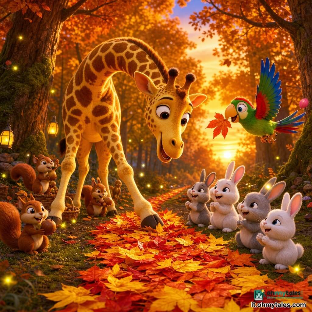 Una giraffa sorridente e meravigliata, grande e maculata di giallo e marrone, inclina il lungo collo per sistemare un tappeto di foglie rosse, gialle e arancioni con i suoi zoccoli delicati; un pappagallo colorato (Pico) dai pennacchi verdi, rossi e blu vola vicino tenendo una foglia nel becco come proponendo un'idea; alcuni coniglietti tondi e soffici, bianchi e grigi, seduti a destra sul tappeto guardano e applaudono; sullo sfondo a sinistra scoiattoli portano nocciole e piccole lucciole brillano intorno; una radura nel bosco con alberi alti, tronchi marroni, muschio verde e fogliame autunnale, luce calda del tramonto; scena di festa amichevole e colorata, composizione centrata su giraffa e pappagallo, stile cartoonesco 3D, colori saturi e contrasti morbidi.