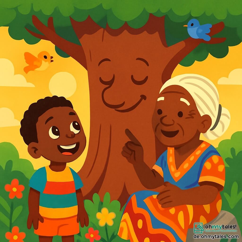Ein kleiner Junge namens Kwaku, 8 Jahre alt, mit leuchtenden Augen und einem breiten Lächeln, steht unter einem riesigen Baobab. Er trägt ein buntes T-Shirt und eine leichte Shorts und schaut fasziniert zu dem großen Baum, der ihm zu sprechen scheint. Neben ihm sitzt eine weise alte Frau, wahrscheinlich in den Sechzigern, mit geflochtenem weißen Haar und einem lächelnden, faltigen Gesicht, auf einem Stein. Sie trägt ein traditionelles Kleid mit lebhaften Mustern und erzählt ihm eine fesselnde Geschichte. Der Ort ist von goldenem Licht durchflutet, mit bunten Blumen und singenden Vögeln um sie herum. Kwaku hört aufmerksam zu, mit weit aufgerissenen Augen, bereit für ein großes Abenteuer.