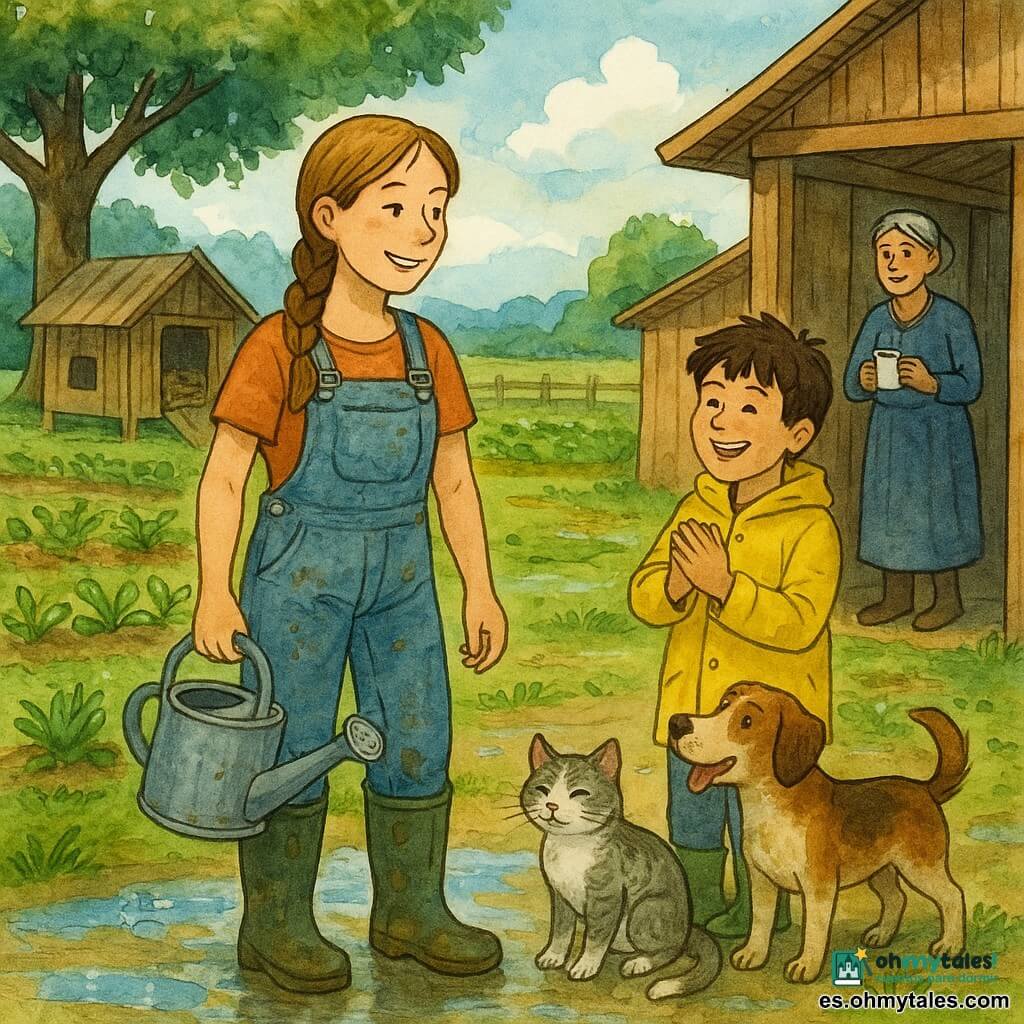 Una joven agricultora sonriente y serena, cabello castaño claro en trenza, con peto vaquero manchado y botas de goma embarradas, sostiene una regadera metálica y mira el paisaje tras la lluvia; junto a ella, Diego, un niño de unos 11 años de cabello castaño revuelto y chubasquero amarillo, está junto a un establo de madera riendo y secándose las manos; al fondo, la madre con el pelo gris en moño sonríe desde la puerta de la casa sosteniendo una taza de chocolate caliente; en primer plano, el gato gris y blanco Pelusa se frota contra las botas y el perro pardo manchado Max mueve la cola cerca del niño; la granja tras el aguacero muestra praderas verdes brillantes, charcos que reflejan el cielo, un viejo roble a la izquierda, un gallinero de madera y hileras de hortalizas húmedas; la escena principal capta la complicidad entre la agricultora y el niño bajo la suave luz del sol tras la lluvia, con colores saturados, gotas brillantes en las hojas y una atmósfera cálida y apacible.