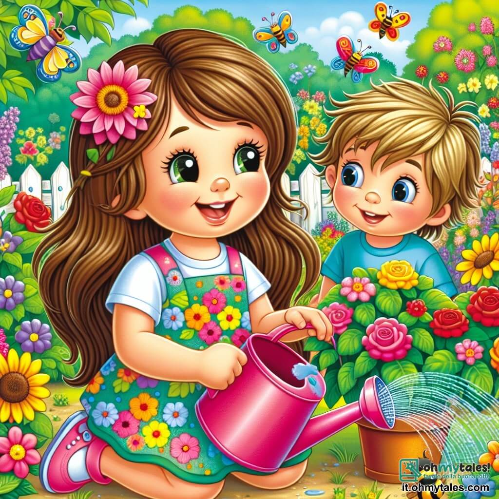 Una bambina di 4 anni, di nome Lia, con lunghi capelli castani e occhi pieni di curiosità, sorride felice mentre tiene un piccolo annaffiatoio rosa. Indossa un vestito a fiori colorati ed è accucciata vicino a una pianta verde, pronta a darle acqua. Accanto a lei, il suo amico Luca, un ragazzo di 4 anni con capelli biondi arruffati e una maglietta blu, osserva attentamente un'ape che vola intorno ai fiori, con gli occhi spalancati per la meraviglia. Il giardino della scuola è pieno di fiori dai colori vivaci, come rose rosse, girasoli gialli e violette, circondati da una lussureggiante vegetazione. Si possono vedere farfalle colorate volteggiare nell'aria e insetti ronzanti che si affaccendano intorno alle piante. La scena mostra Lia e Luca mentre si prendono cura delle piante, annaffiando con amore e rispetto, scoprendo la bellezza della natura che li circonda.