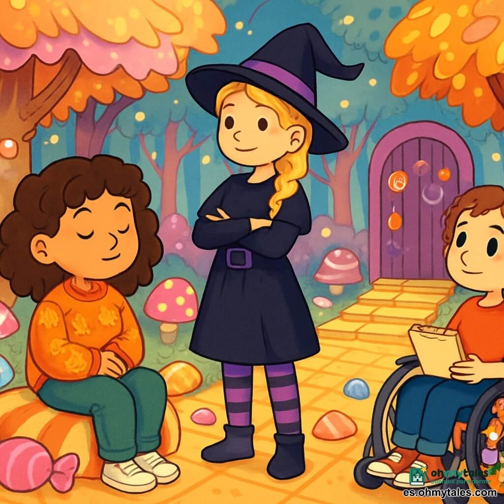 Hay 3 personajes: Luna, una niña de 10 años con cabello castaño y rizado, vestida con un suéter naranja con motivos de calabazas, sentada en una piedra con forma de caramelo, cerrando los ojos y escuchando atentamente las historias de los dulces; Ana, una niña de 11 años con trenzas rubias y un disfraz de bruja negro y morado, de pie con los brazos cruzados y una sonrisa confiada, observando el paisaje mágico; y Sofía, una niña de 10 años con cabello corto y castaño, sentada en una silla de ruedas decorada con guirnaldas de caramelos, mirando con curiosidad y sosteniendo un cuaderno de bocetos. El lugar es un bosque encantado, donde los árboles son de pasteles y las hojas brillan como caramelos, con un suelo cubierto de obleas y luces centelleantes flotando en el aire. Las tres amigas están descubriendo un camino de pasteles, rodeadas de dulces que susurran historias, asombradas y listas para escuchar y compartir golosinas mientras buscan una misteriosa pala mágica que las ayude a clasificar los caramelos.