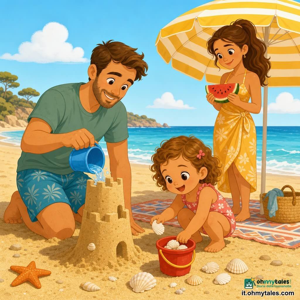 Bambina di 2 anni dal viso rotondo, capelli castano chiaro a piccoli ricci, occhi grandi e luminosi, espressione gioiosa e meravigliata, accovacciata sulla sabbia a raccogliere conchiglie bianche in un piccolo secchiello rosso; uomo di circa 35 anni, capelli corti castani e leggera barba, sorriso tenero, inginocchiato alla sua sinistra mentre versa acqua con un piccolo secchiello blu per costruire una torre di sabbia; donna di circa 33 anni, capelli lunghi raccolti in coda, pelle abbronzata e sguardo affettuoso, in piedi dietro di loro all'ombra di un grande ombrellone giallo e bianco a tenere una fetta di anguria; spiaggia assolata con sabbia dorata, onde morbide sullo sfondo e qualche conchiglia disseminata; momento tenero e tranquillo di vacanza estiva.