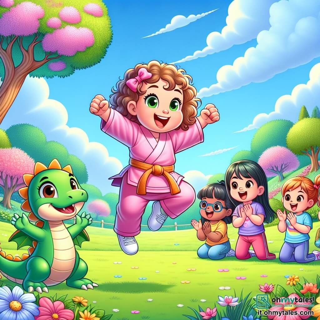 In un parco soleggiato, una bambina di 2 anni, Mia, con capelli ricci e un sorriso splendente, indossa un kimono di karate rosa e si prepara a saltare. Accanto a lei, un drago in miniatura di nome Dino, con squame verdi e ali dorate, batte le ali con entusiasmo. Intorno a loro, quattro altre bambine, di età compresa tra 3 e 4 anni, con capelli di diversi colori (biondi, castani, rossi e neri), indossano t-shirt colorate e pantaloni corti. Le stanno incoraggiando, con le braccia alzate e espressioni gioiose sui volti. Il parco è pieno di fiori colorati, alberi maestosi e un prato verde brillante. Un cielo blu chiaro con alcune nuvole bianche aggiunge all'atmosfera gioiosa. La scena principale mostra Mia e Dino che saltano insieme, mentre le altre ragazze applaudono e sorridono, creando un'atmosfera di amicizia e gioia attorno al karate.