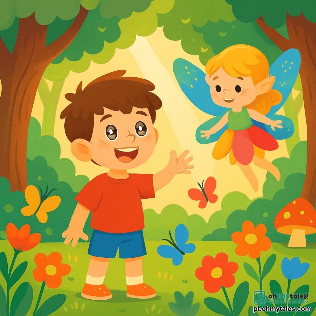 Um menino chamado Tomás, de 8 anos, com olhos brilhantes como estrelas e cabelos castanhos desgrenhados, está no centro da cena, um grande sorriso iluminando seu rosto curioso. Ele está cercado por flores coloridas que dançam ao vento. Ao seu lado, uma pequena fada com asas cintilantes de cores vivas, cabelos dourados e um vestido feito de pétalas, voa alegremente, seus olhos brilhando de travessura. O cenário é uma floresta encantada, repleta de árvores majestosas com troncos retorcidos, cogumelos multicoloridos e raios de sol filtrando pelas folhas, criando uma atmosfera mágica. A cena principal mostra Tomás estendendo a mão para a fada, deslumbrado com a promessa de aventuras extraordinárias, enquanto borboletas coloridas flutuam ao redor, acrescentando um toque de leveza a este momento encantado.