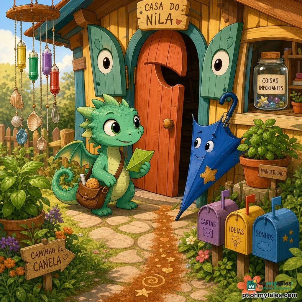 Nila é um pequeno dragão amigável do tamanho de um gato, com escamas verde-menta brilhantes, grandes olhos redondos curiosos e cauda enrolada; determinada e sorridente, segura um bilhete dobrado em forma de folha e leva uma sacola com um pedaço de giz e um biscoito de mel; Pingo, um guarda-chuva azul com remendo em forma de estrela e rosto pintado, está encostado no batente da porta à direita, olhando cúmplice para Nila; a casa é viva e acolhedora, fachada de madeira pintada, postigos como olhos e porta entreaberta como boca, com uma prateleira visível e um pote etiquetado "COISAS IMPORTANTES" cheio de objetos brilhantes; o jardim tem um caminho de pedras irregulares, vasos de manjericão, caixas de correio coloridas, um trilho polvilhado com pó de canela e um sino de vento de tampinhas e conchas à esquerda; a cena mostra Nila no umbral pronta para partir, lendo o bilhete e escolhendo entre três caminhos sob a luz suave da manhã, em uma atmosfera aventureira, quente e levemente mágica.
