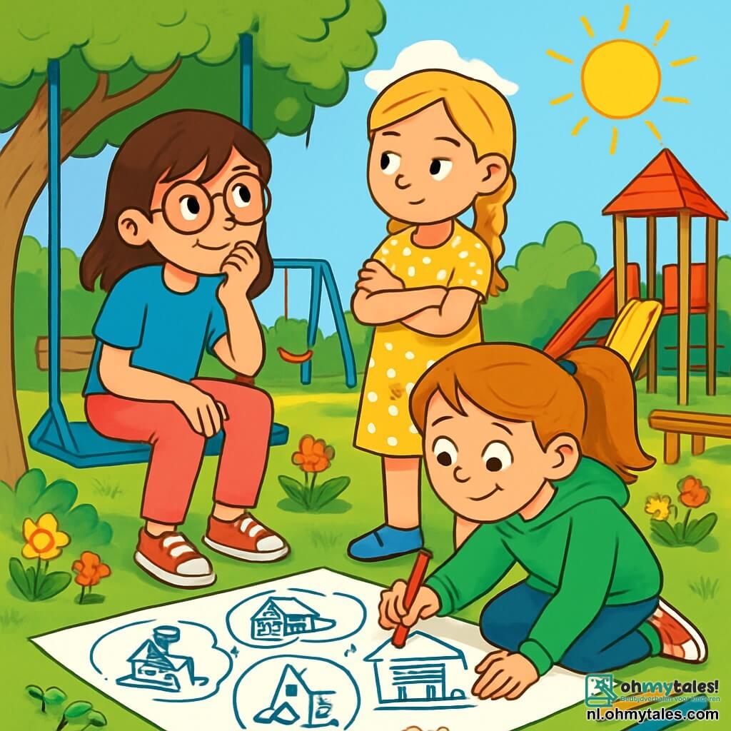 Er zijn 3 personages: - Sara: een 10-jarig meisje met bruin haar en een bril met ronde glazen. Ze draagt een blauwe t-shirt en een roze broek. Ze zit op een schommel, glimlachend en nadenkend. - Noor: een 9-jarig meisje met gevlochten blond haar en een gele jurk met stippen. Ze staat naast Sara, met gekruiste armen en een peinzende blik. - Emma: een 10-jarig meisje met rood haar in een paardenstaart en een groene hoodie. Ze zit voor een groot vel papier en tekent ideeën met kleurpotloden. De locatie is een mooie schooltuin, met groene bomen, kleurrijke bloemen en een groot speelterrein. Er zijn schommels, een glijbaan en een hoek met houten banken. De lucht is blauw en zonnig, wat een vrolijke sfeer creëert. De belangrijkste situatie toont de drie vriendinnen die discussiëren en ideeën uitwisselen om hun school gastvrijer te maken voor alle kinderen, vooral voor degenen met een handicap. Ze zijn omringd door tekeningen en schetsen die ideeën voorstellen voor het verbeteren van het speelterrein en het klaslokaal.